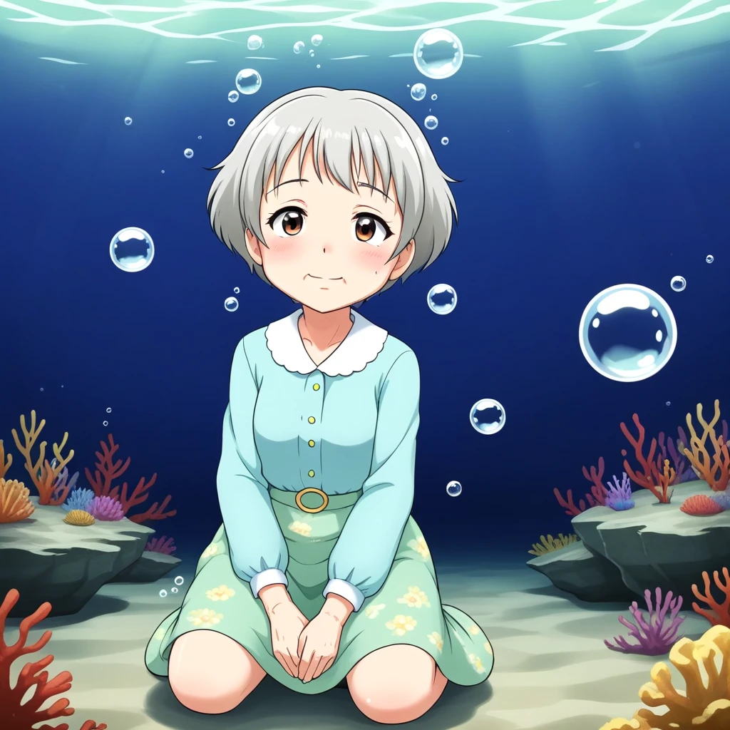 <lora:breathing_underwater_SDXL:0.5>, solo, 96 years old grandmother, bubble, under the sea, anime, Puffing, sitting