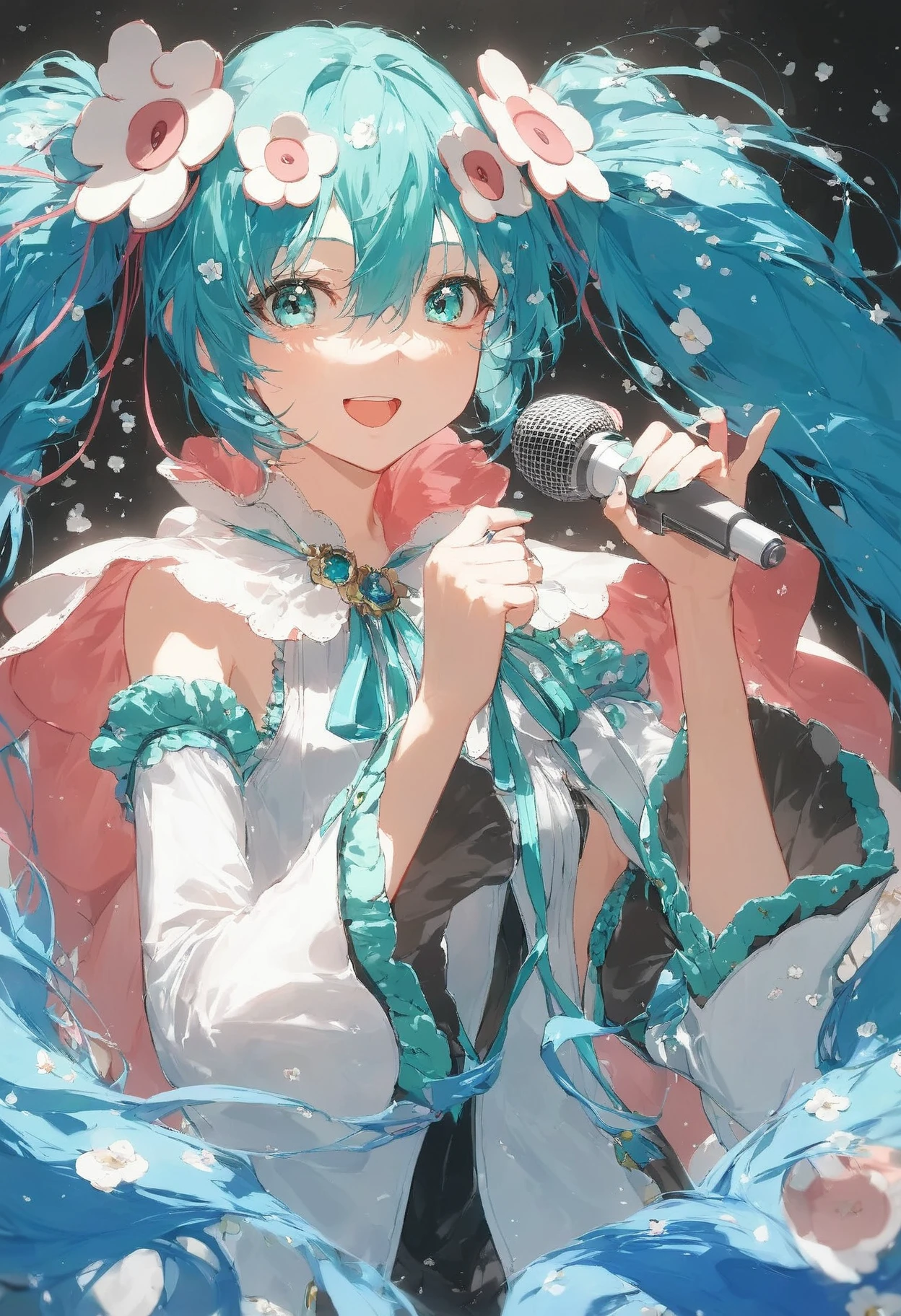 score_9,score_8_up,score_7_up,,source_anime BREAK , , MHM21, hatsune miku, 1girl, solo, hair ornament, microphone, flower, twintails, magical mirai miku, long hair, hair flower, holding, holding microphone, detached sleeves, open mouth, aqua hair, smile, very long hair, looking at viewer, wide sleeves, ribbon, upper body, medallion, white sleeves, aqua ribbon, aqua eyes, cape, hair between eyes, white flower<lora:ãã¸ã«ã«ãã©ã¤2021:1>