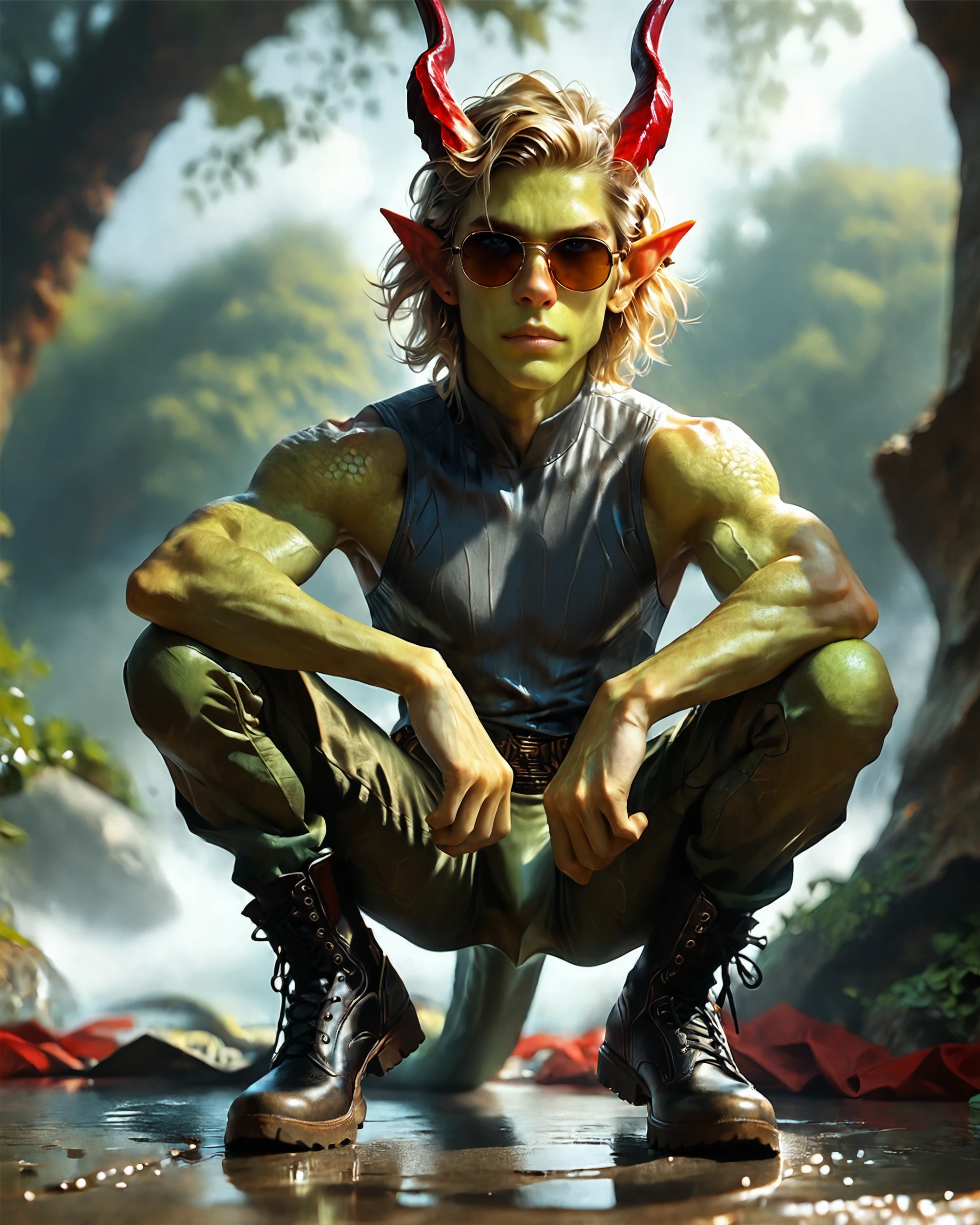 score_9, score_8_up, score_7_up, rating_questionable, intricately detailed,
<lora:Solmyr:0.8>,
1boy(Solmyr, male, green skin, red horns, sagging baggy camo pants, squatting, visible underwear, black combat boots, skin tight sleeveless shirt, sunglasses, solo, looking at the viewer, heroic pose),
in a modern bedroom, detailed background, depth of field, 
<lora:ral-chrosc-clr:0.5>, ral-chrosc-clr,
<lora:Expressive_H:0.5>, Expressiveh,
<lora:xl_more_art-full_v1:0.3>,
<lora:add-detail-xl:0.3>