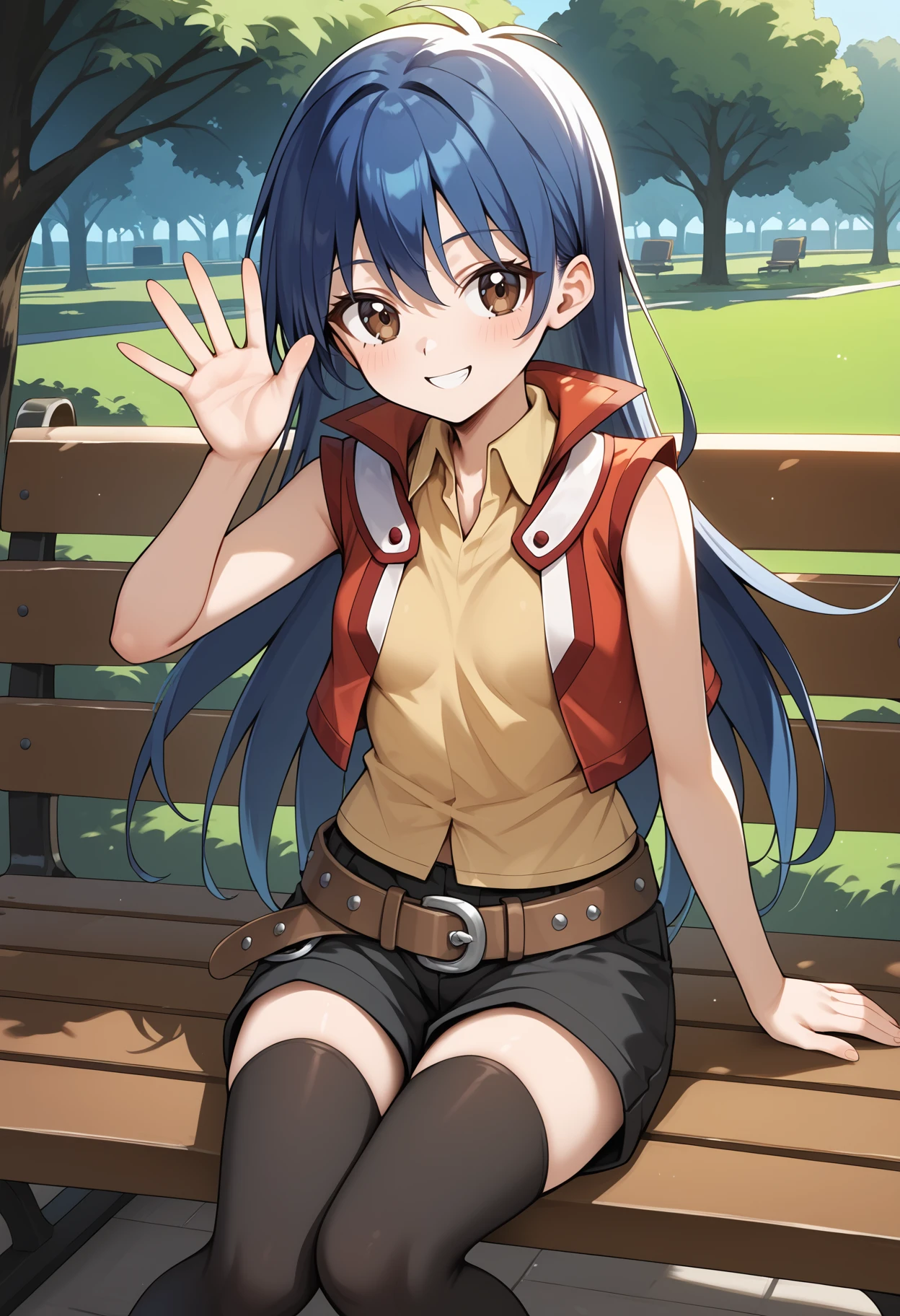 score_9, score_8_up, score_7_up, score_6_up, score_5_up, score_4_up, source_anime, aarei, long hair, blue hair, brown eyes, small breasts, collared shirt, yellow shirt, red jacket, sleeveless, belt, black shorts, black thighhighs, <lora:saotome_rei_ponyxl_v1:0.9>, sitting, waving, smile, bench, park,