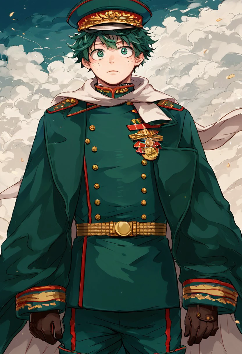 score_9, score_8_up, source_anime, highly detailed, highly detailed eyes,deku,green hair,green eyes,short hair,freckles,military uniform, medal, hat, gloves, boots, uniform, male focus, solo, Soviet Union uniforms, military,military jacket,medal,belt, skinny, slender