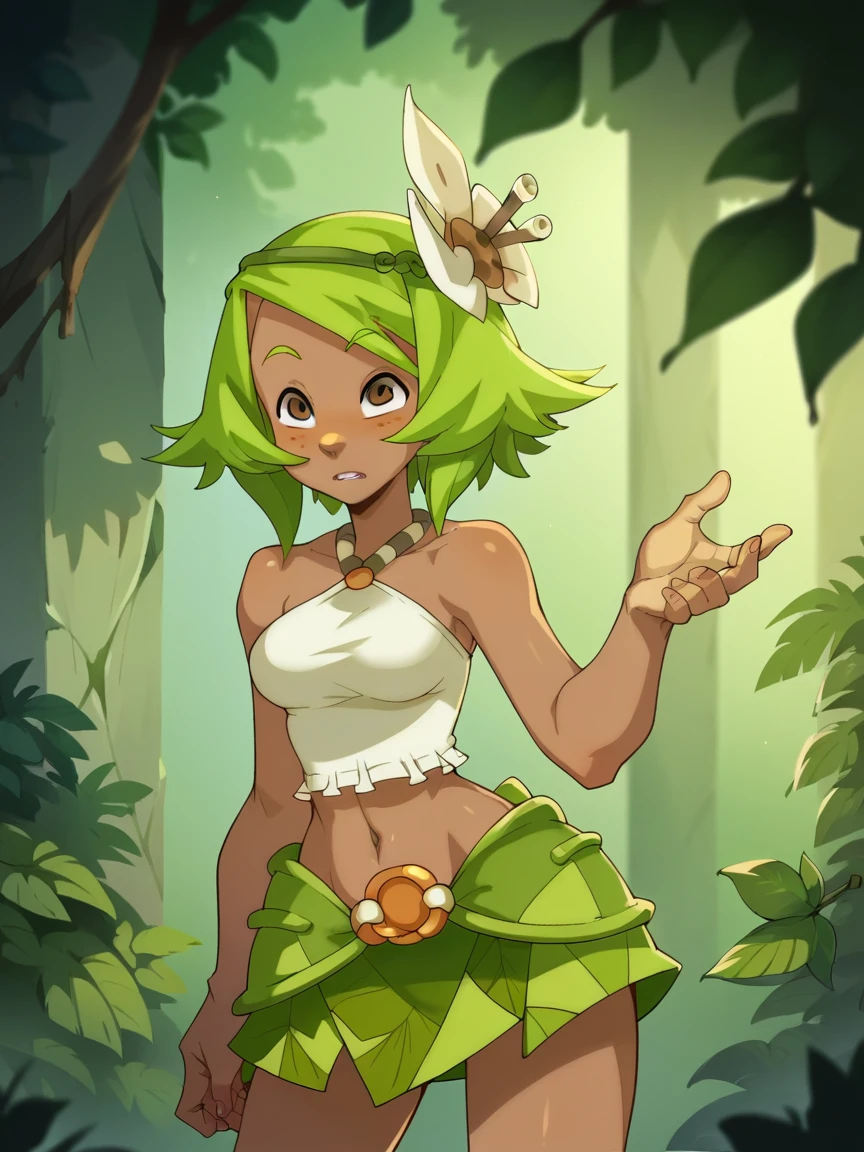 score_9, score_8_up, score_7_up, score_6_up, score_5_up,   <lora:wakfuXLP:1> wakfu, 1girl, green hair, dark skin, midriff, leaf skirt, hair ornament,