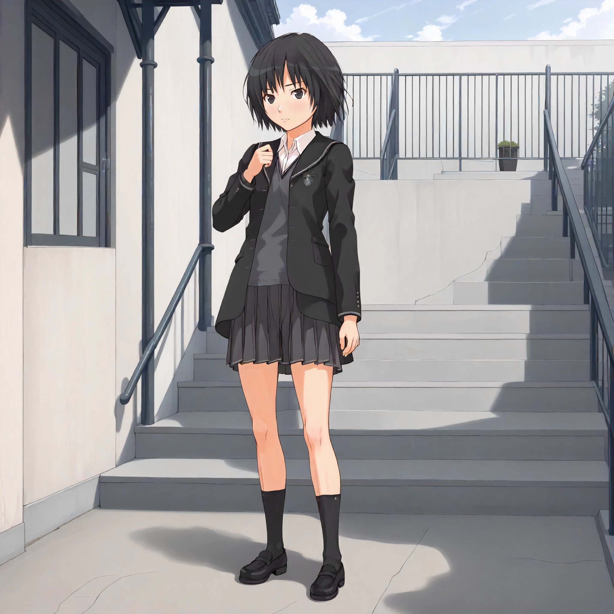 <lora:AG_AiNanasakiXLpony001>,
outdoors,
solo,
AiNanasaki,1girl,black hair,short hair,black eyes,
school_uniform,black jacket,open jacket,
pleated_skirt,
full body,standing,