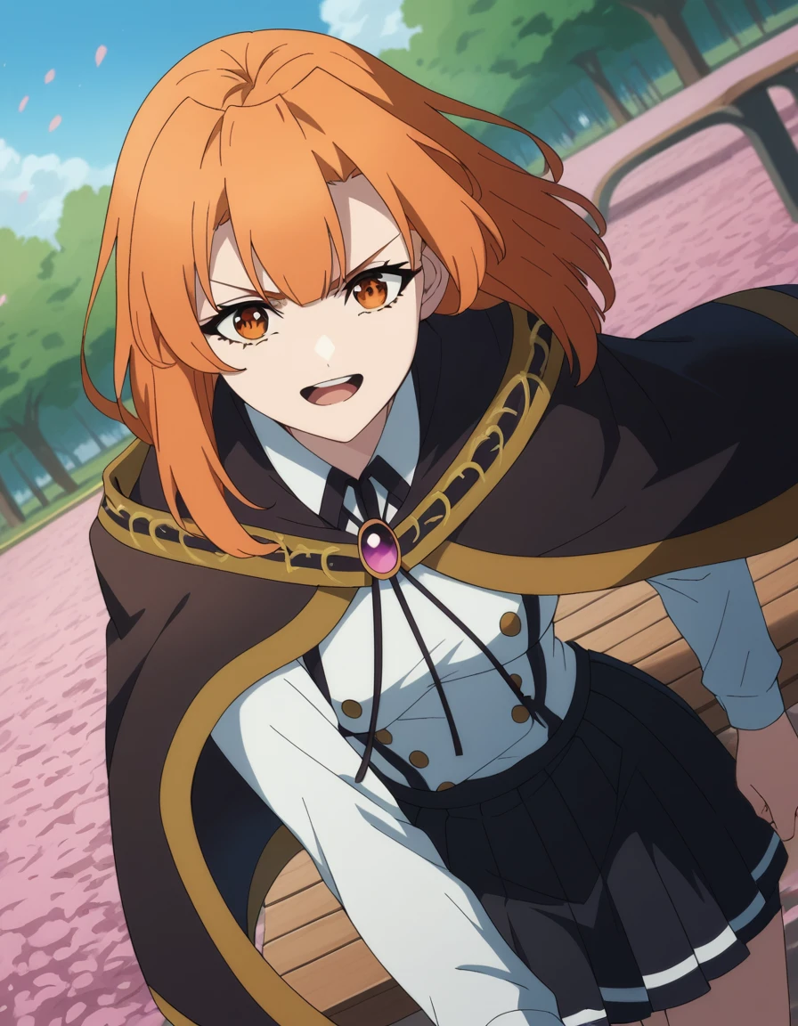 score_9, score_8_up, score_7_up, source_anime, <lora:colette-loire-s1-ponyxl-lora-nochekaiser:1>, colette loire, bangs, brown eyes, medium hair, orange hair, orange eyes, medium breasts,, skirt, black skirt, school uniform, cape, gemstone, brooch, long sleeves, shirt, white shirt, collared shirt, park, cherry blossoms, bench, gentle breeze, peaceful, running, open mouth,, , looking at viewer, smug, hand on hips,, solo,, cowboy shot, dutch angle