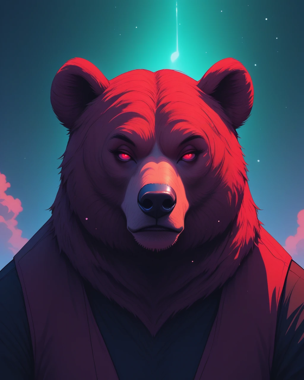 bear, cosmic color:steelvibe  <lora:NeoNiNijiColorSteell-10:1> color contrast, niji style, niji, sharp lighting, neon color palette, high contrast, surrealistic glow, vector art influence, anime-influenced art style, sleek, focus on geometry, sharp lighting, stylized expression, digital painting