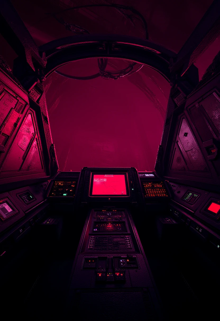 A cyber-Punk in a spaceship cockpit with a red screen in the middle. R3tun4L style