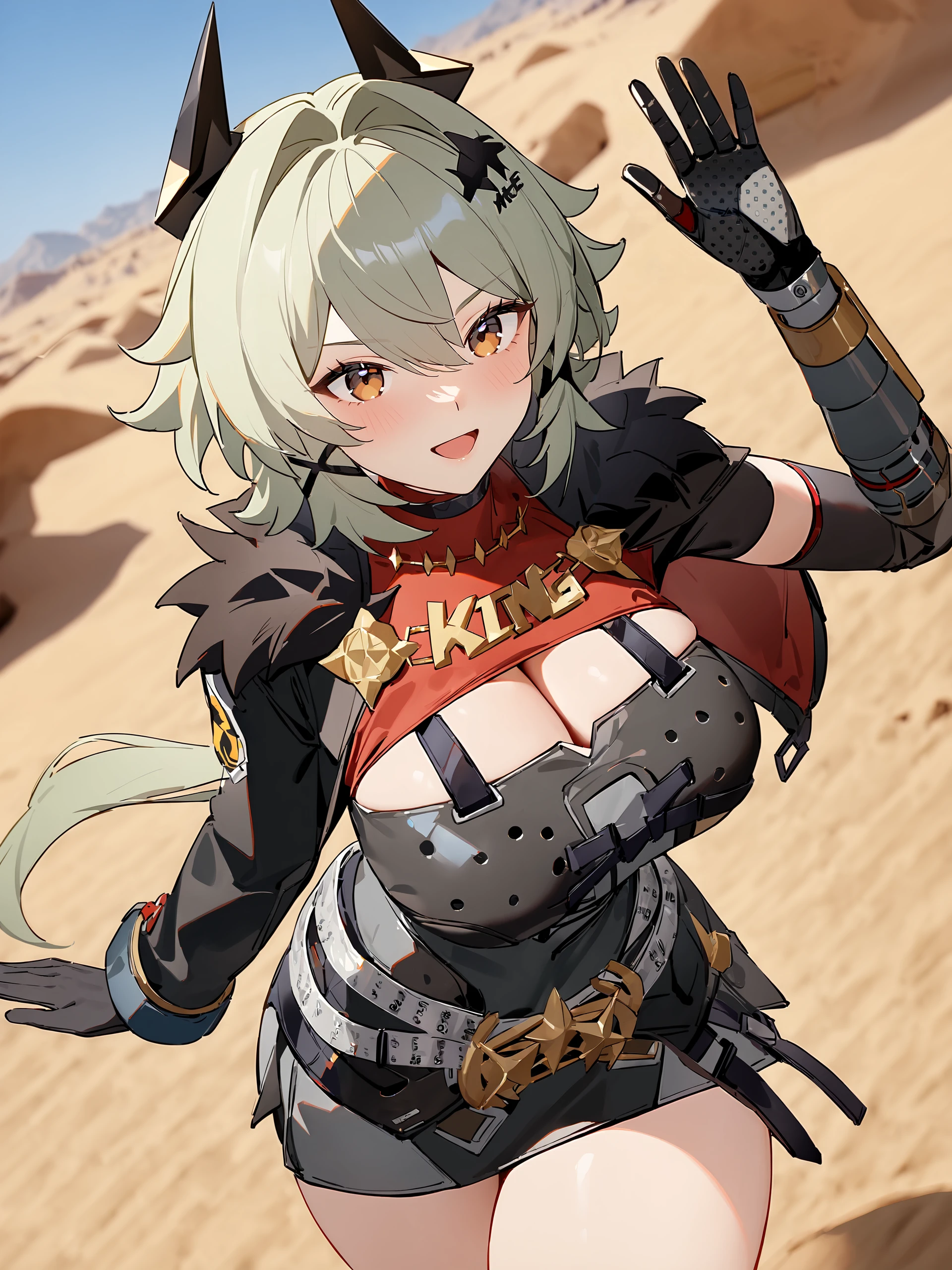 1girl, caesar king \(zenless zone zero\), horns, x hair ornament, hairclip, turtleneck sweater, mechanical arms, pencil dress, fur-trimmed jacket, arm out of sleeve, looking at viewer, smiling, open mouth, desert, outdoors, depth of field, standing on one leg, waving, cowboy shot <lora:Char-ZZZ-Caesar-XL-V1:0.9>, masterpiece, best quality, very aesthetic, ray tracing, newest,(hitenkei, askzy:0.5)