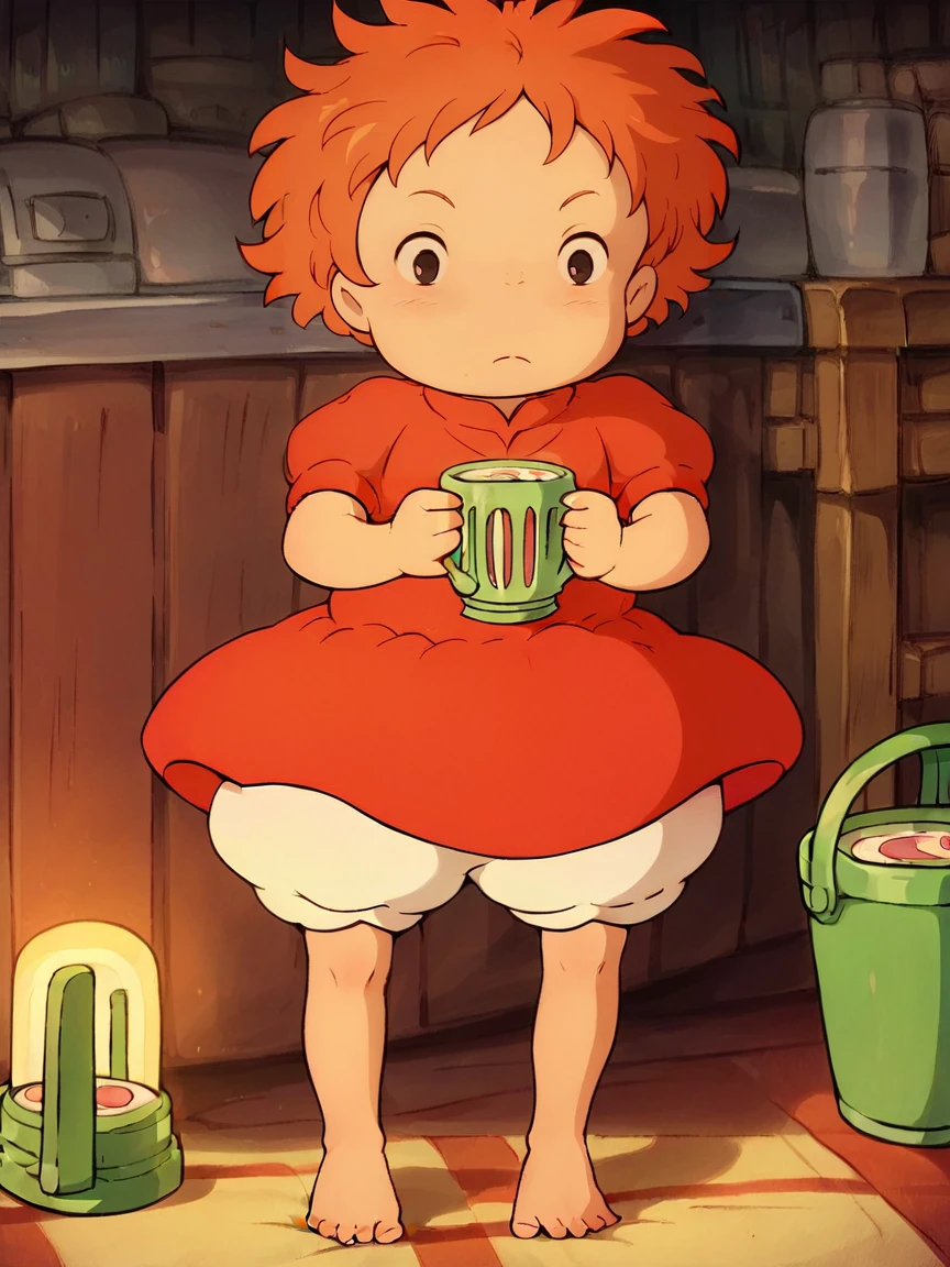 score_9, score_8_up, score_7_up, score_6_up, score_5_up,  <lora:PonyoXLP:1> ponyo, 1girl, short hair, dress, solo, barefoot, orange hair, black eyes, child, red dress, bloomers,  soup,