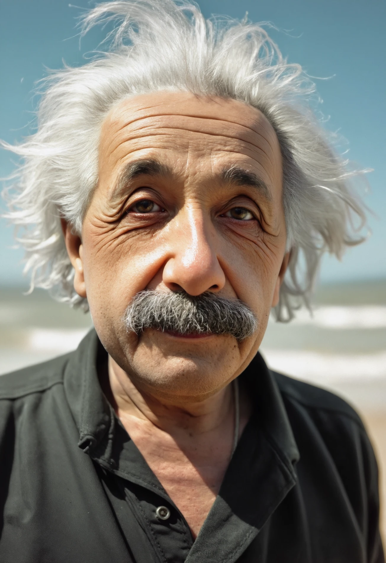 Digital Photo, old man, Albert Einstein, simple shirt, dreamy friendly eyes, perfect natural lighting, messy wavy semi long greyish white hair, clean shaven but with a mustache, on the beach, summer, sunny warm light, professional photography, amazing composition and image quality