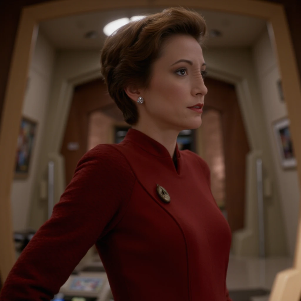 photo realistic, KiraNerys woman, from side, wearing bajoran uniform, standing in corridor  <lora:KiraNerys_Flux_v1:1.3>