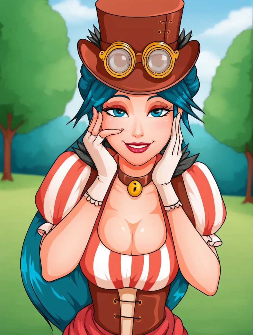 (2d), <lora:SteamyElizabeth:1> SteamyElizabeth, solo, blue hair, long hair, hat, goggles, puffy sleeves, choker, breasts, cleavage, short sleeves, gloves, dress, long flowing skirt, stripes, makeup, lipstick, smile, teeth, seductive, waist, outdoors, nature, in park, depth of field, blurred background, looking at viewer, cowboy shot, posing, close-up, angle, hand on cheek, (four fingers)