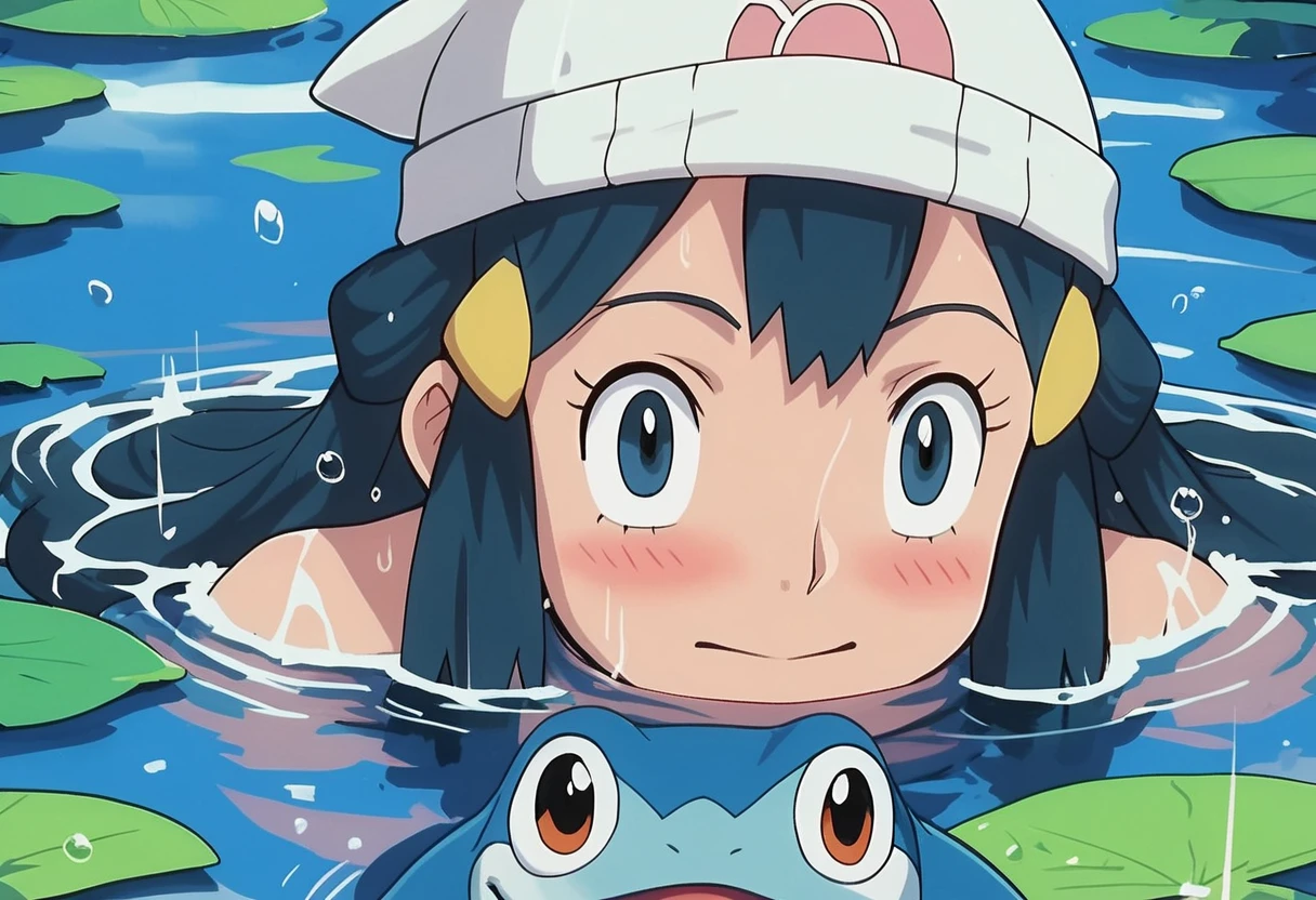 score_9, score_8_up, score_7_up, BREAK, BREAK source_anime,
solo,1girl,face focus,water,anime style,wet hair,blue water,observing,calm expression,curious gaze,silent encounter,
head_out_of_water,head sticking out of water,peeking out of water,face above water, 
pokemondawn, pokemon dawn, black hair, blue eyes, long hair,beanie, hat, white headwear,
   <lora:head_out_of_water_pony_xl:0.8>  <lora:pokemon-dawn-anime-ponyxl-lora-nochekaiser:0.9>