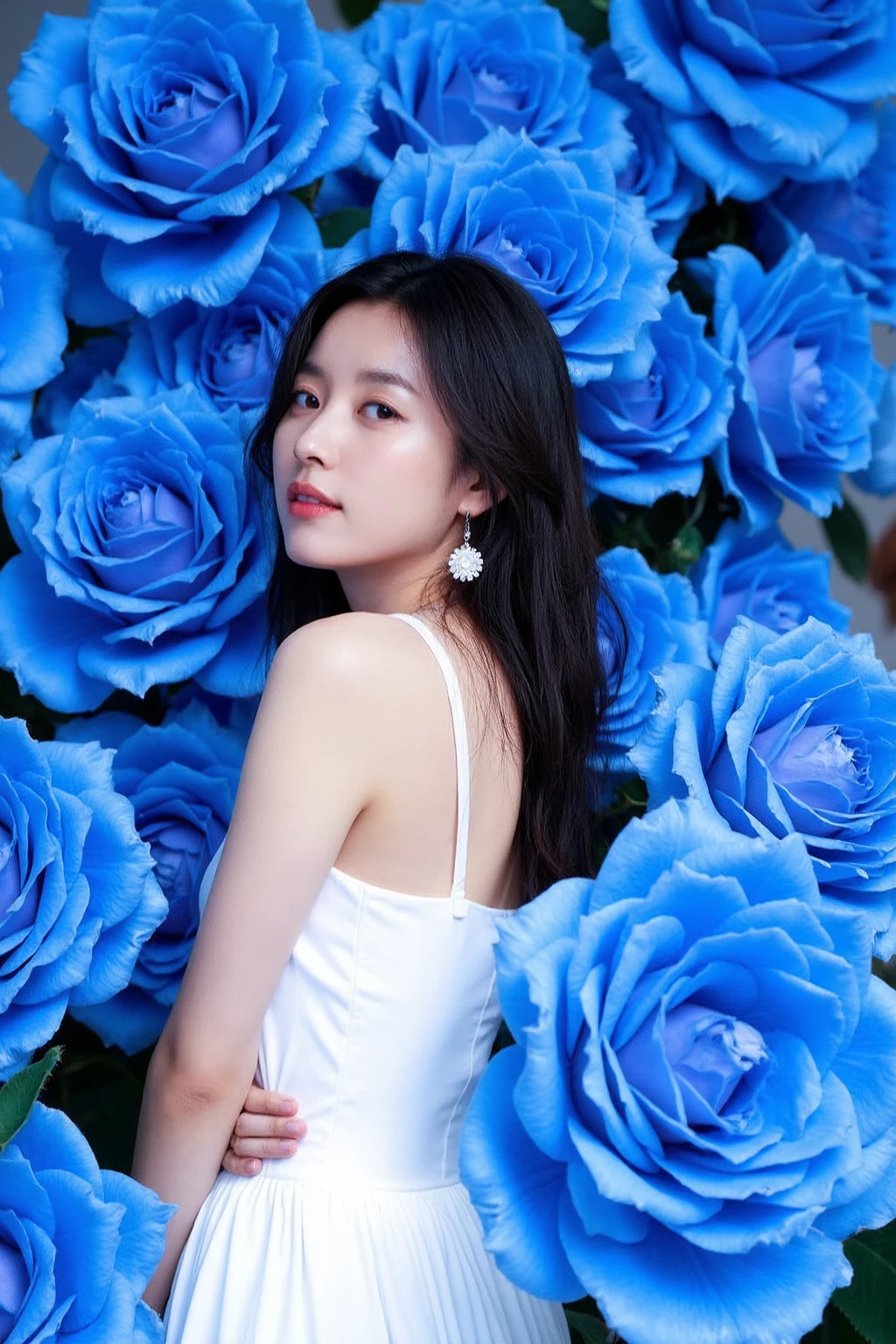 The image showcases a young korean woman. She is positioned against a strikingly vibrant cornflower blue background, which is filled with large blue roses. The blue roses dominate the composition, adding a dramatic and intense contrast to her skin tone and overall appearance.
The woman is dressed in white sleeveless bohemian dress, which drapes softly over her shoulders, leaving her upper back and one shoulder exposed. Her expression is calm and slightly mysterious, with her gaze directed slightly to the side, away from the camera. The large blue roses, some of which overlap with her figure, create a dreamy and surreal atmosphere, as if she is blending into or emerging from the floral background., <lora:flux_realism_lora:1>, <lora:makinaflux_hanhyojoo_v1.0:1>