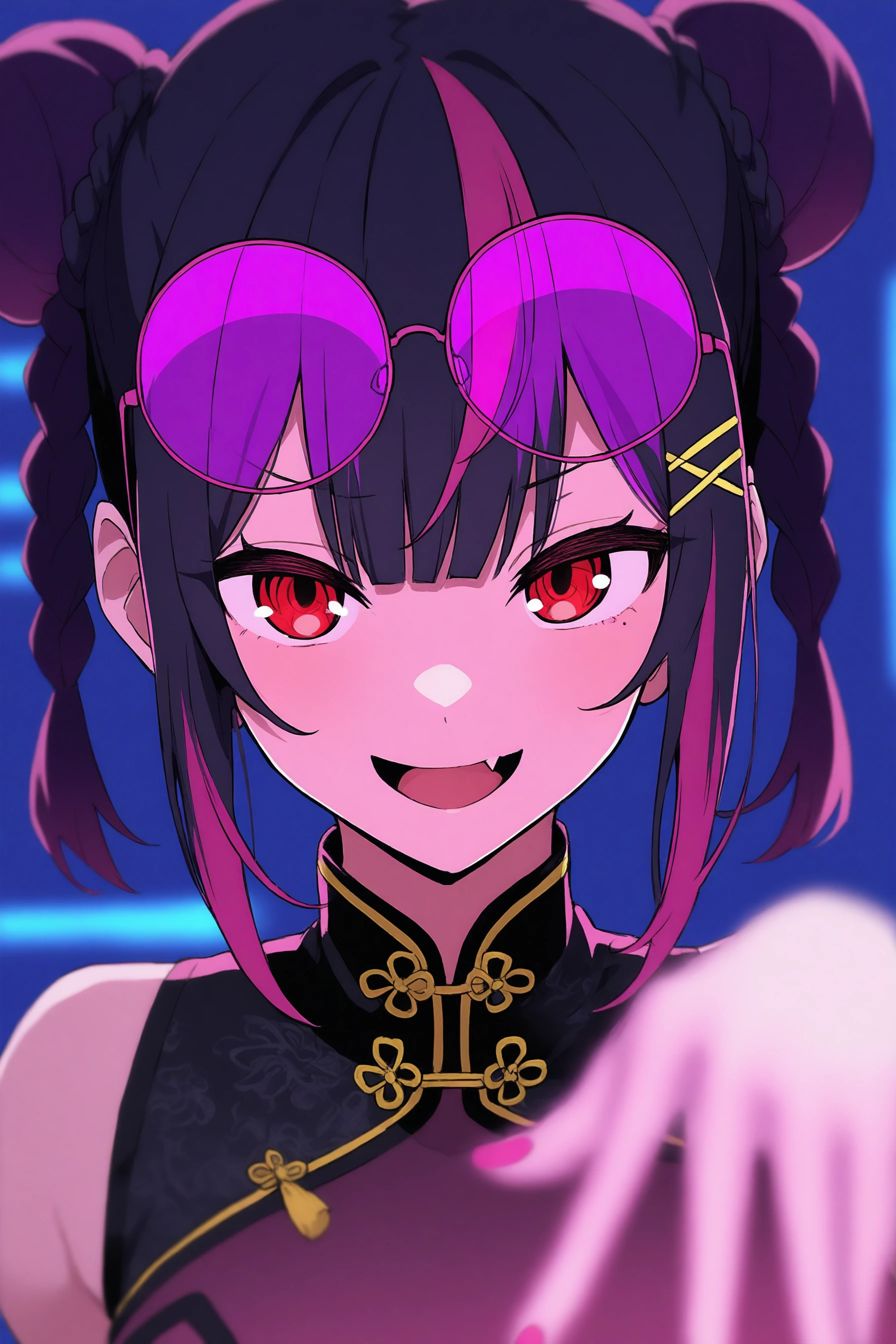 masterpiece,best quality,ultra-detailed,depth of field,newest,neon,1girl,solo,red eyes,multicolored hair,purple hair,black hair,hair bun,double bun,braid,streaked hair,x hair ornament,round eyewear,sunglasses,eyewear on head,china dress,upper body,looking at viewer,smile,open mouth,fang,<lora:neon_ilxl_v1:1>,