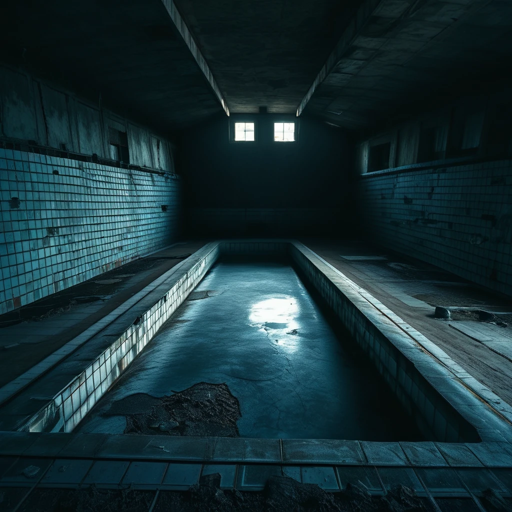 <lora:Doctor_Pollutions_Paranormal_Asylum_DX_-_Realistic_Pony_Photo:1>, docpollparan, public pool, asylum, abandoned, empty pool, unreal engine, 4k, masterpiece, trending on artstation