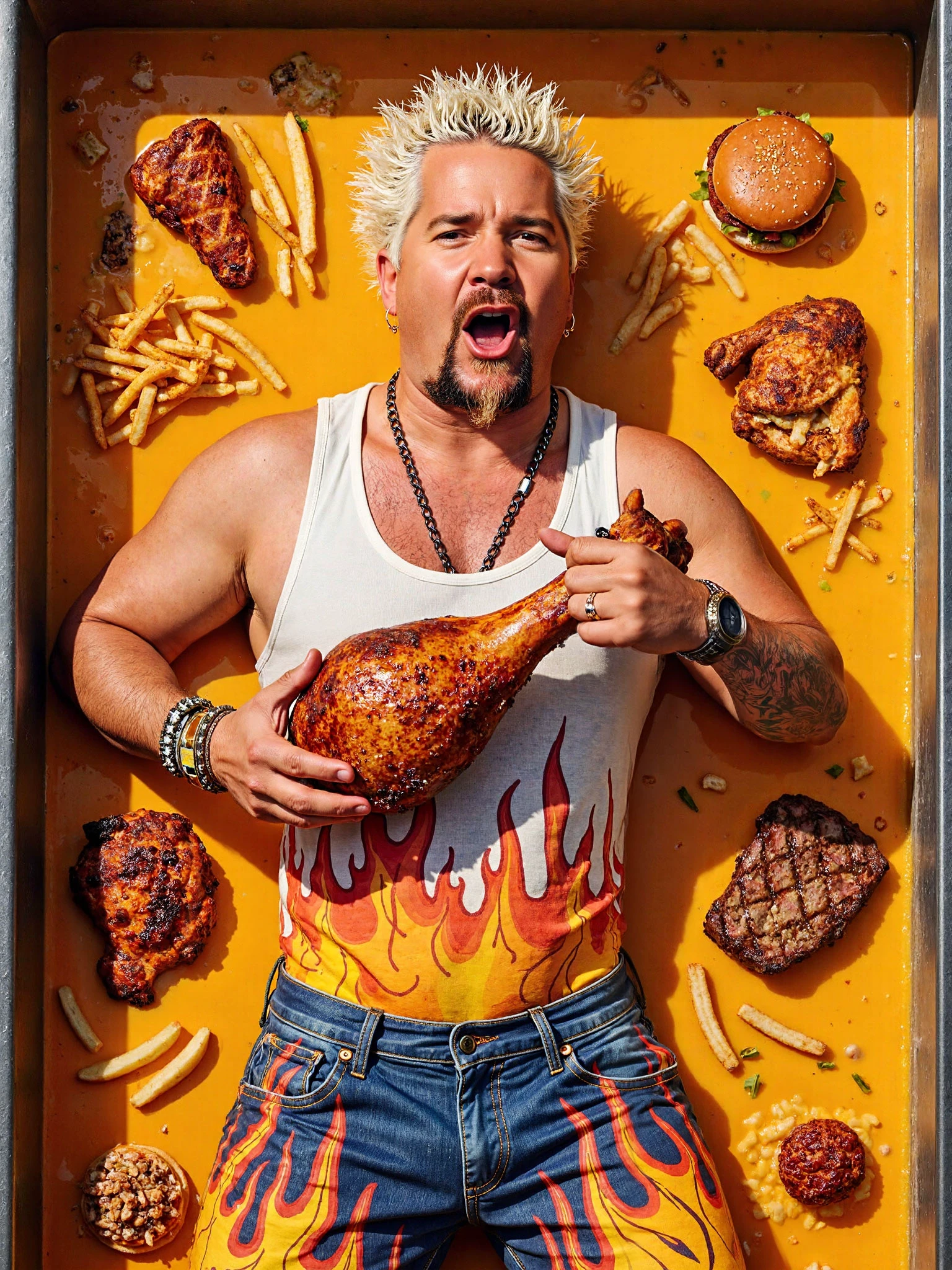 Guy Fieri man floating inside a large outdoor pool filled with nacho cheese sauce, french fries, onion rigs, hamburgers, fried chicken, and steak, photo shoot, dramatic lighting, posing, wearing jean shorts with flames and white tank top with flames, overhead shot, holding a large roasted turkey leg,