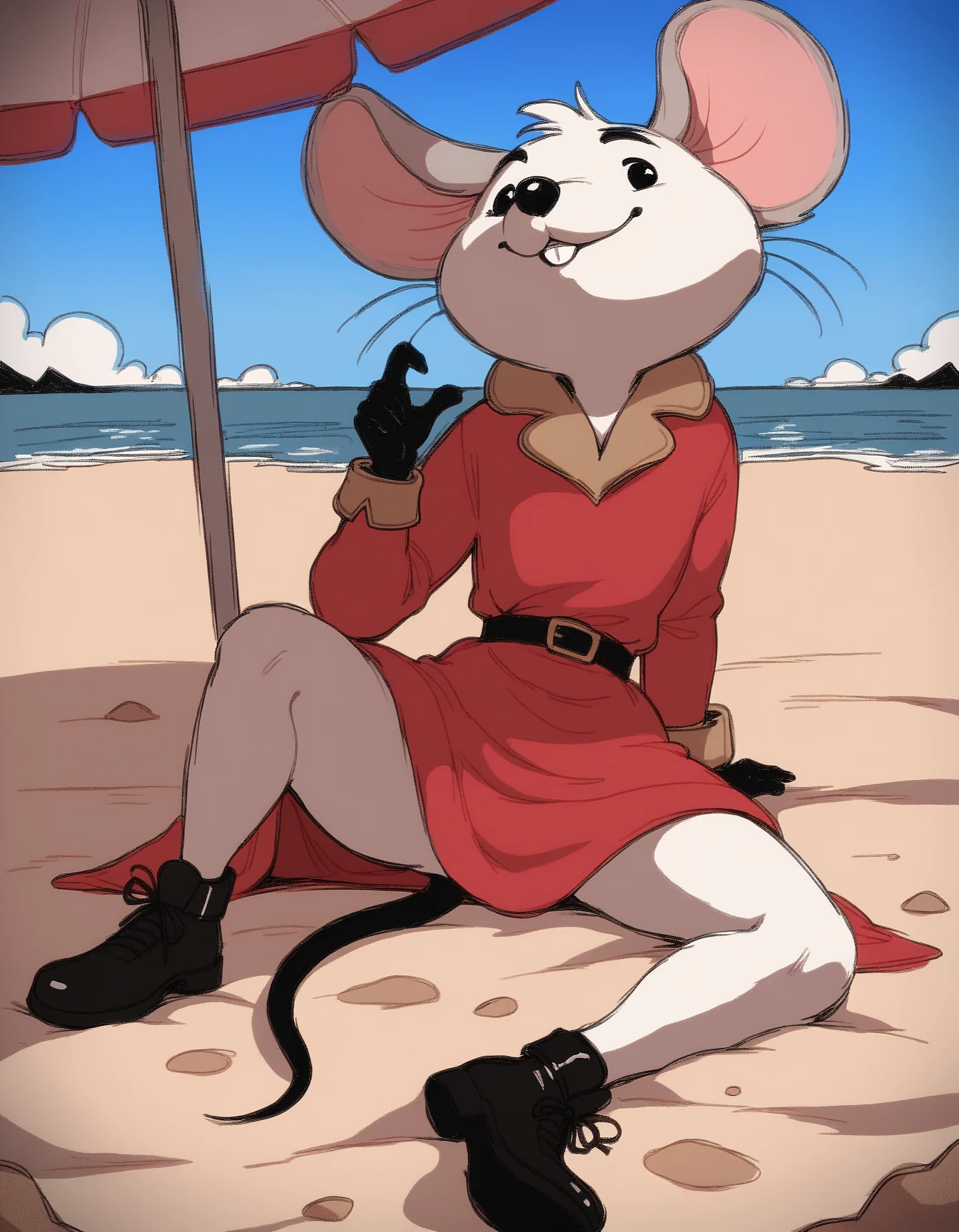 score_9, score_8_up, score_7_up, score_6_up, score_5_up, score_4_up, solo
gorgonzola_crew_mouse, black dots, red dress, gold neck, black tail, white fur, black hands, long sleeves, sitting, spread legs,wide shot, sand, beach, blue sky
 <lora:gorgonzola_crew_mouse_XL:0.9>