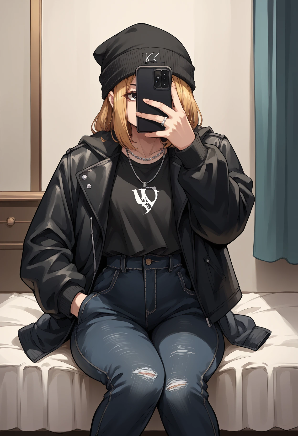 score_9, score_8_up,score_7_up, source_anime, 1girl, solo, kksh, holding phone, selfie,smartphone, looking at phone, covering face, hand up,
black jacket, black pants, leather jacket, ring, jewelry, black hoodie, sitting, hand in pocket, necklace, curtains, mirror, beanie, black shirt, streetwear, k-pop, multiple rings, jeans, long sleeves, denim, baseball cap, open jacket, covered face, black headwear, feet out of frame, hat, indoors,
<lora:kksh_pdxl_EliPot:1>