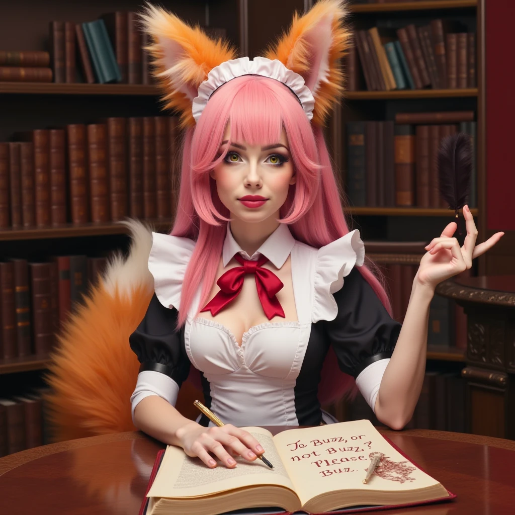 a realistic photo of MCTamamo dressed as a French Maid holding a quill pen over a book in a fancy library. She has pink hair, orange fox ears and an orange fox tail. The book has the words "To Buzz, or not to Buzz? Please Buzz." clearly written on it
<lora:MCTamamo:1>