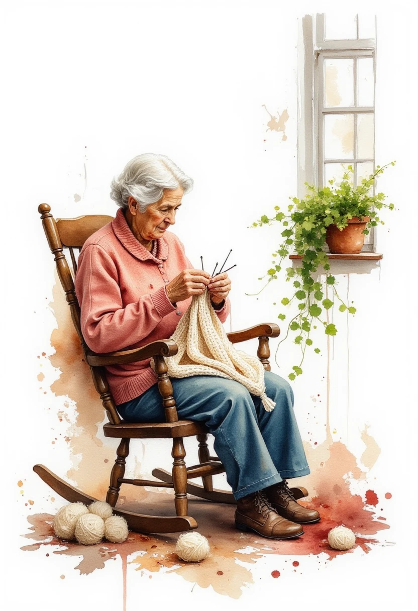 a stylized kk_wcolor watercolor painting of a grandma knitting a woolen sweater in an old rocking chair. The overall style is an abstract rough sketch without to much detail, yet it gives a sense of realism. the backgrond is white with splashes of paint, knitting pins, balls wool window sill with a lush green plant