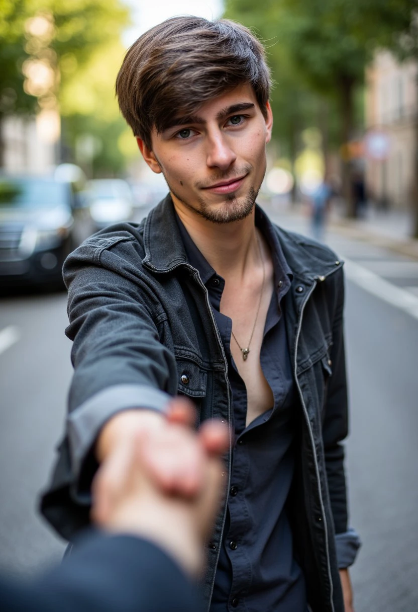 (Axel, 21 male, facial hair), standing, looking at viewer, parted lips with a slight smirk, casual jacket, unbuttoned shirt, holding hand with the viewer. Only the viewer's hand is visible in the foreground. Natural light, in the street