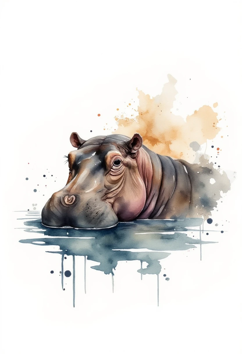 a stylized kk_wcolor watercolor painting of a hippo submerged in the Nile. On a white background with splotches,slpatters and drips of paint. 