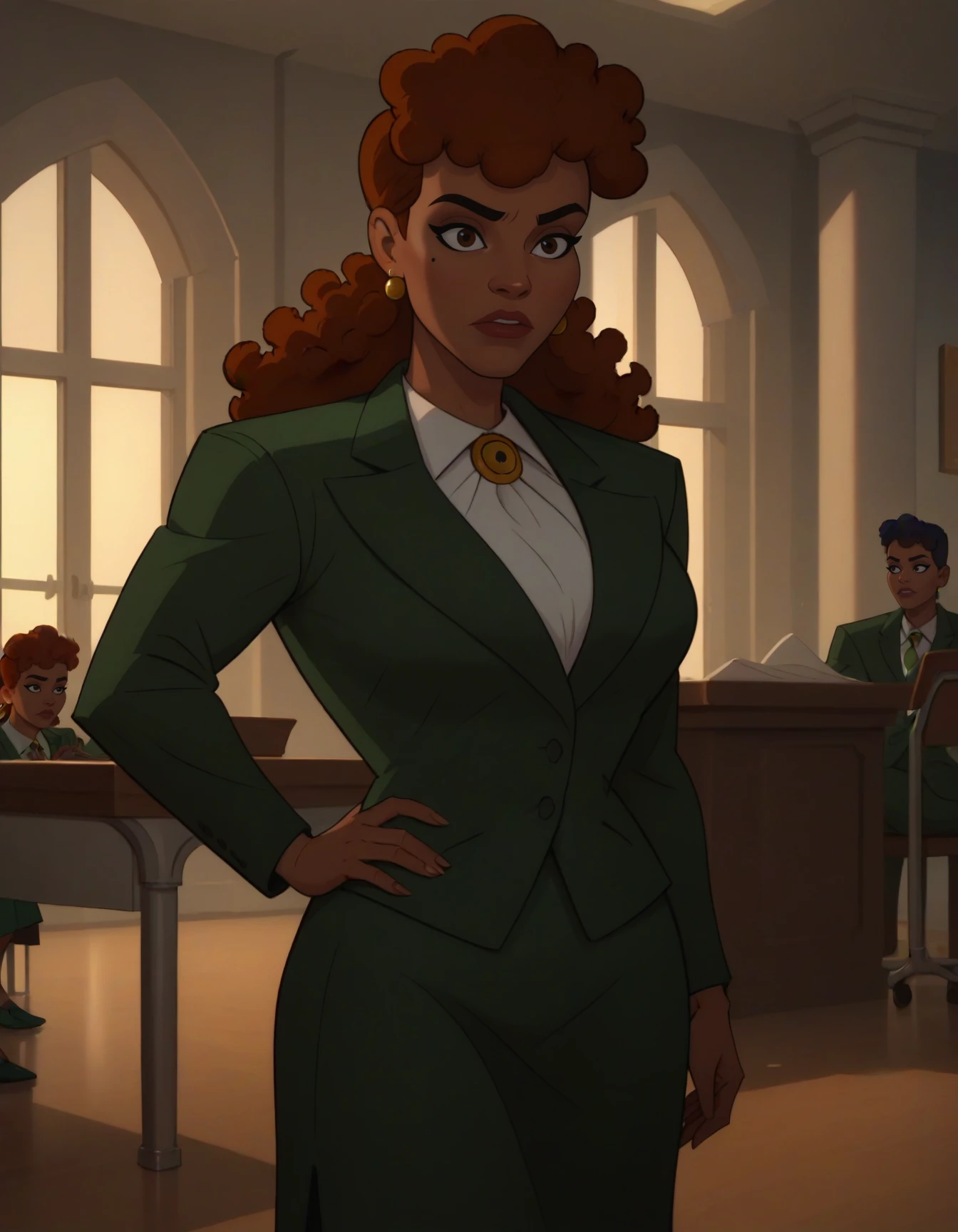 score_9, score_8_up, score_7_up, score_6_up, BarGorCaCru, 
solo, dark brown eyes, white skirt, white shirt, earrings, hand on own hip, formal, suit, curly hair, green skirt, black jacket,
huge breasts, courtroom, tables, 
 <lora:Barbara_Gordon_Caped_Crusader:1>