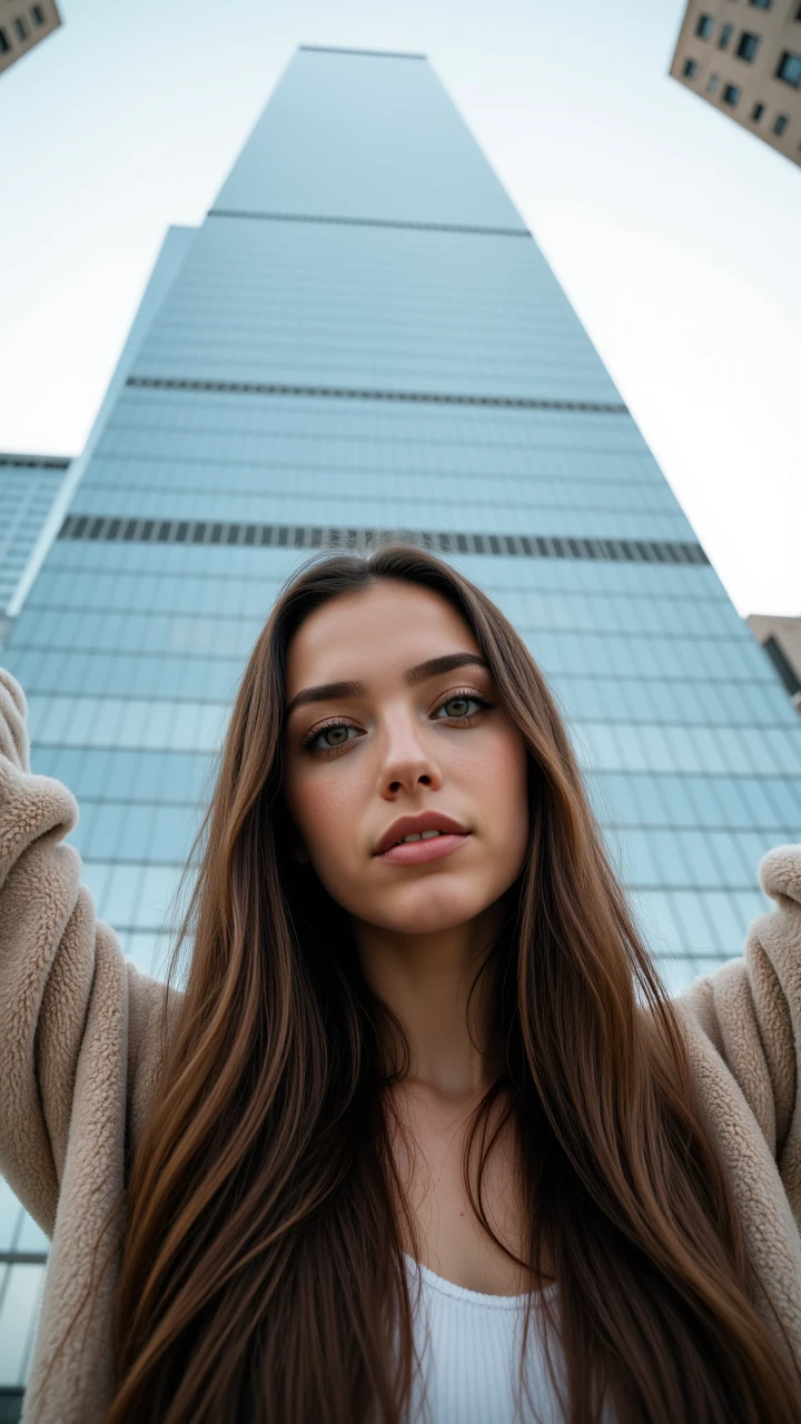 photograph, a young woman with long brown hair and bright green eyes stands in front of a towering skyscraper, her arms outstretched as she gazes up at the camera. Kodak Ektar 100, atmospheric perspective,aidmaSD1.5woman