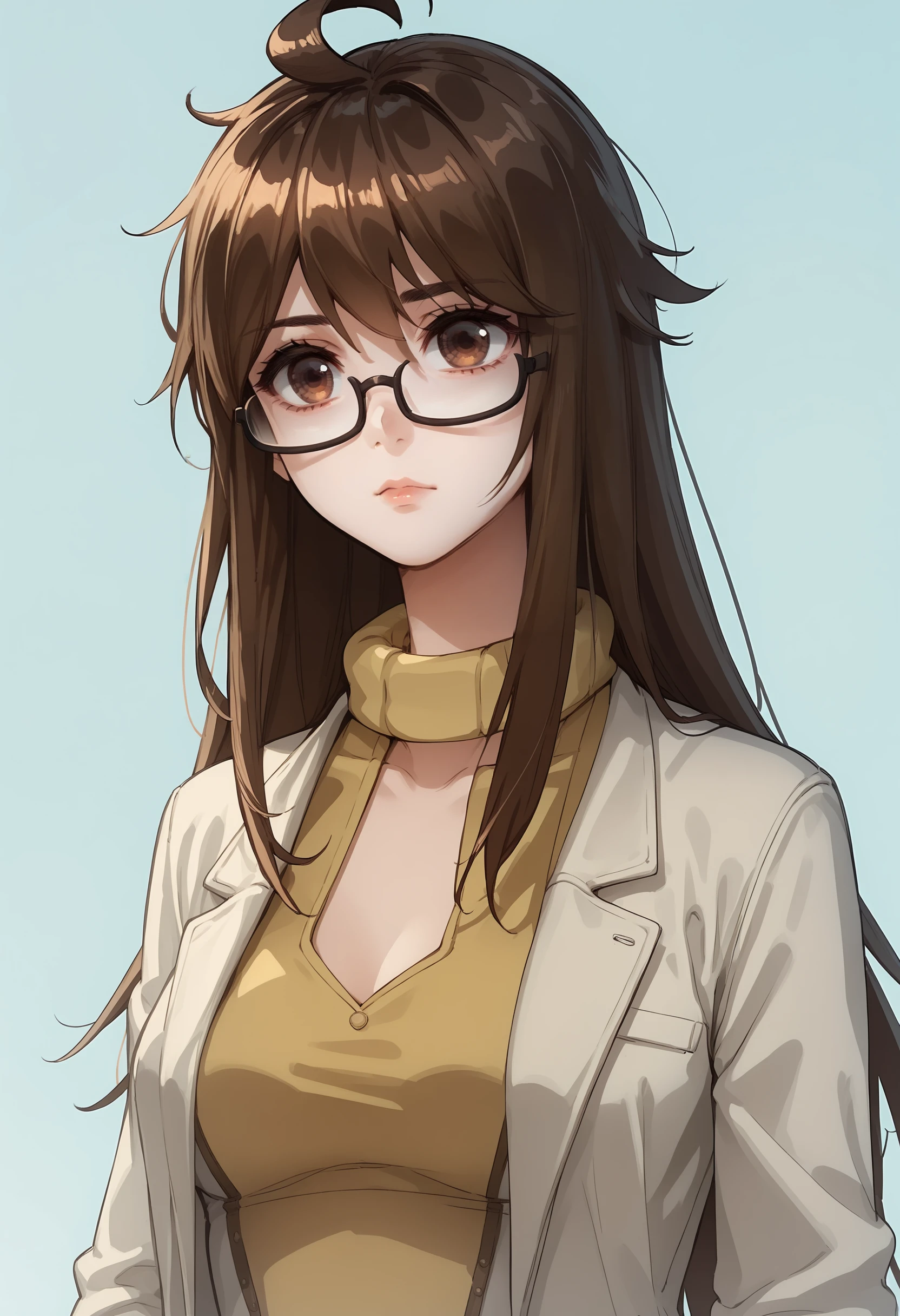 score_9, score_8_up, score_7_up, score_6_up, score_5_up, score_4_up, 1girl, <lora:JuZiSL2:0.85>  solo, brown hair, bangs, long hair, brown eyes, breasts, glasses, black-framed eyewear, labcoat, sweater, ahoge, 
light blue background, simple background,