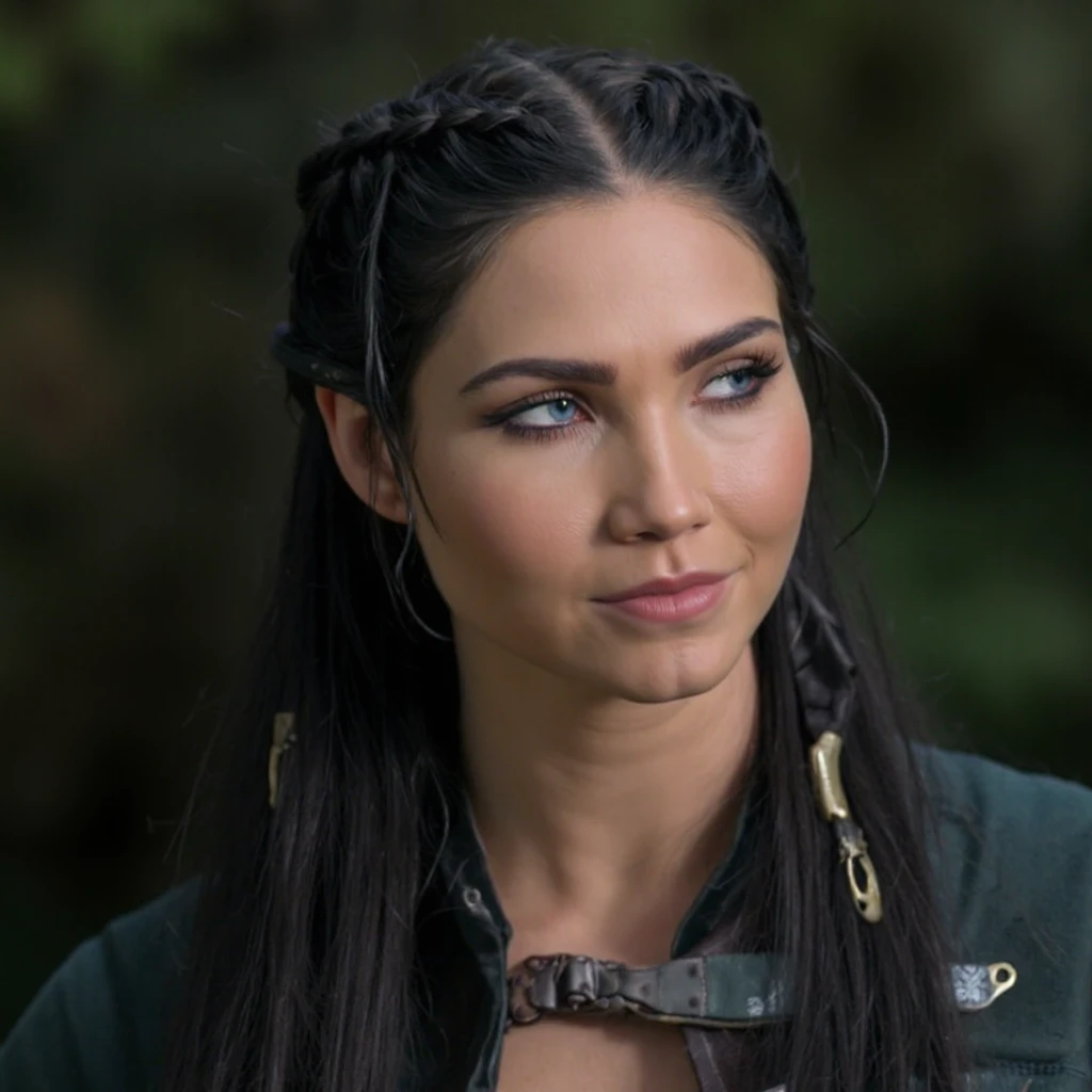 A close-up portrait of jessica_green in a fantasy setting. She has long, dark hair styled in a braided updo, and her makeup is dramatic with dark eyeliner and mascara. She wears a greenish-blue tunic with leather straps and buckles. Her expression is serious and contemplative. The background is blurred, emphasizing the subject. The image style is cinematic, with a focus on the woman's facial features and clothing.