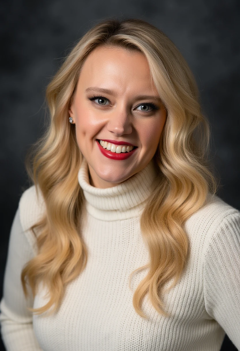 A professional portrait photo of katemckinnon, a woman. She has short wavy blond hair and fair skin. She is smiling widely, showing her teeth. She is wearing red lipstick and black mascara eye makeup. She is wearing a white knit turtleneck sweater. The background is blurry and shows a dark gray photo studio canvas.