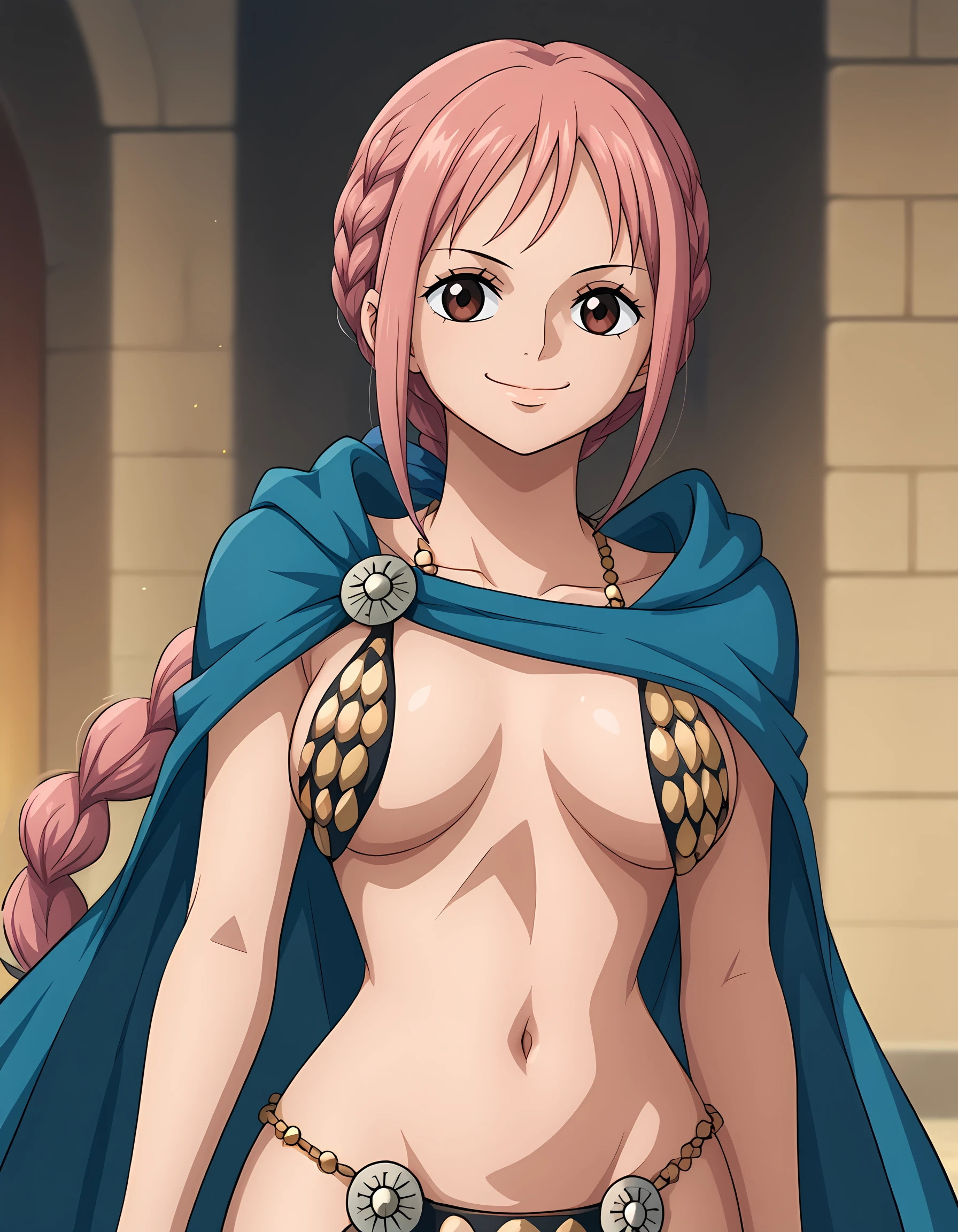 <lora:Rebecca_2:1>, rebecc4, braid, 
 <lora:Rakka_Style:0.5>, r4kka style,
bikini armor, blue cape, smile, closed mouth