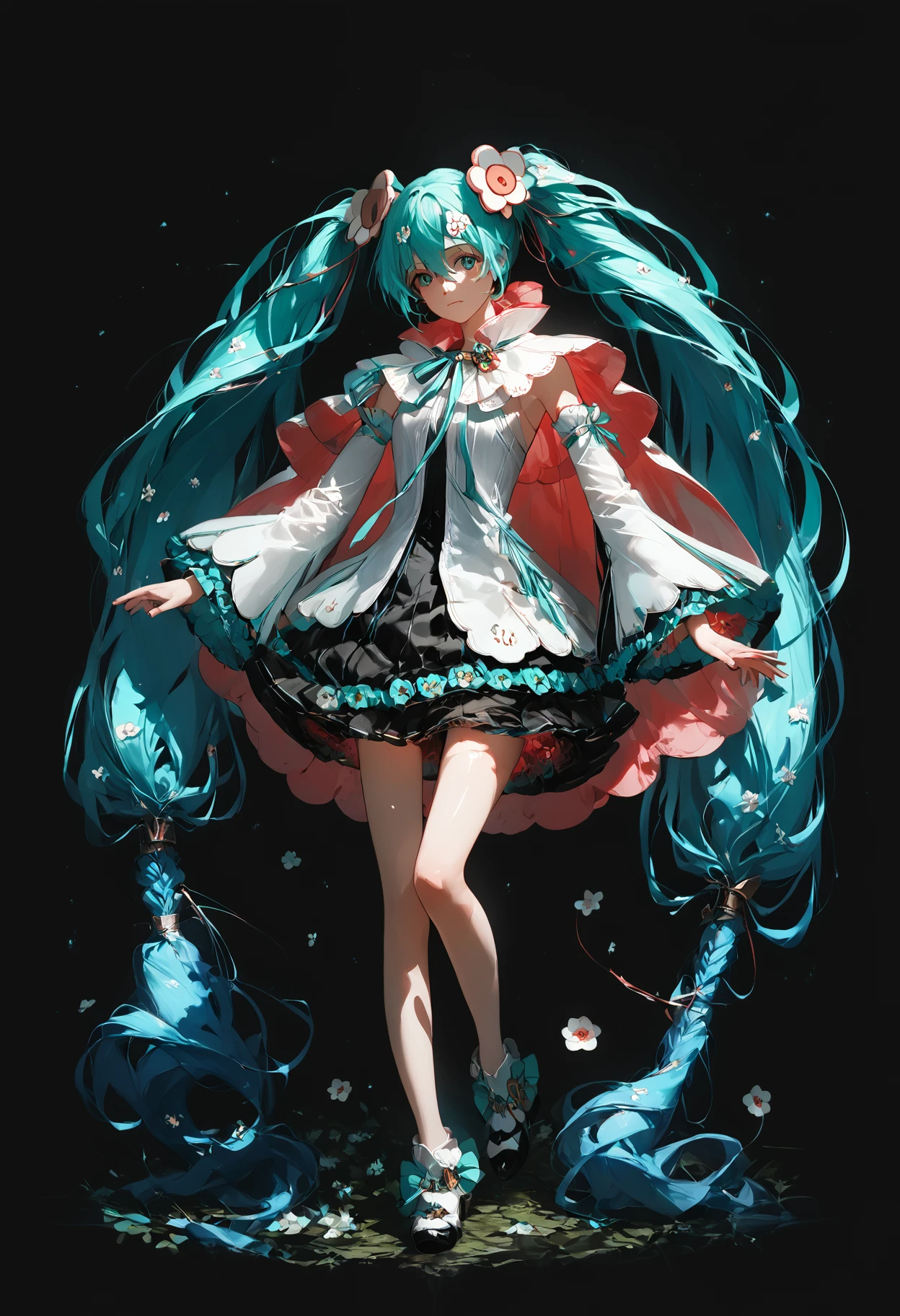 score_9,score_8_up,score_7_up,,source_anime BREAK, 1girl, solo,, MHM21, hatsune miku, hair ornament, flower, twintails, magical mirai miku, long hair, detached sleeves, aqua hair, very long hair,  wide sleeves, medallion, white sleeves, aqua ribbon, aqua eyes, cape, hair between eyes  s1_dram, dark room  dark theme, low light, concept art, realistic, full body<lora:ãã¸ã«ã«ãã©ã¤2021:1>,<lora:S1_Dramatic_Lighting_v2:0.8>,<lora:Concept Art DarkSide Style LoRA_Pony XL v6:0.7>