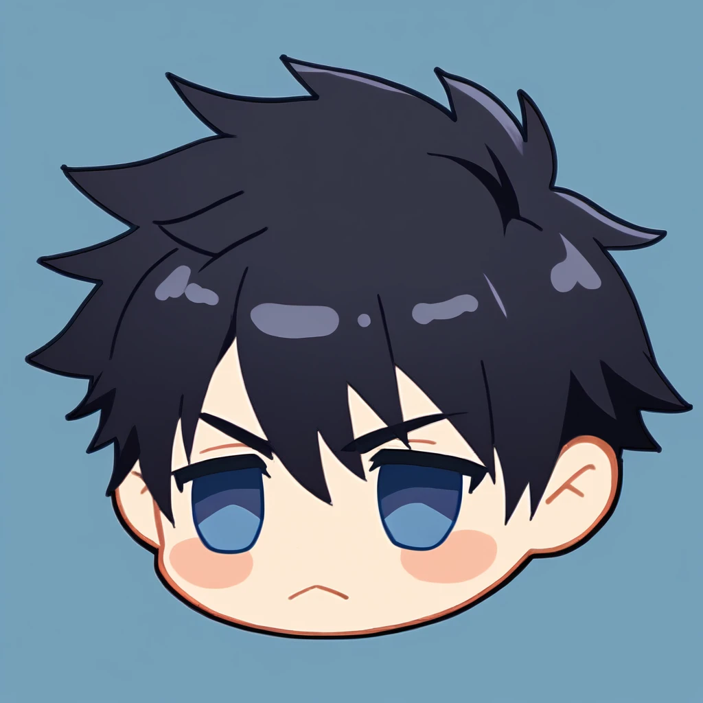 1boy, ((head only)), male focus, solo, chibi, black hair, blue eyes, simple background