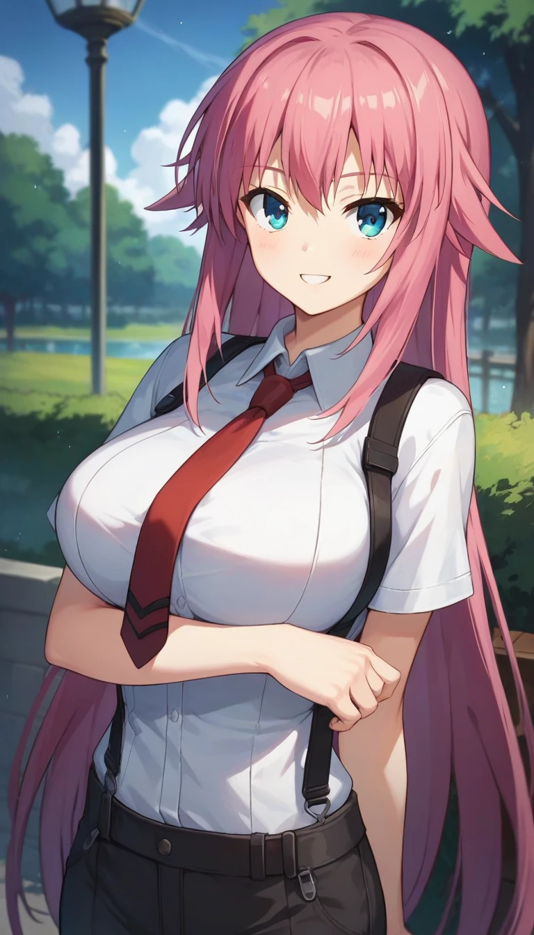 score_9,score_8_up,score_7_up,score_6_up BREAK official art,solo,outdoors,upper body,(portrait:1.5),looking at viewer,facing viewer,smile,blush,(petite:2),Aizawa Suzuka,very long hair,pink hair,sidelocks,bangs,blue eyes,suspenders,collared shirt,white shirt,red necktie,huge breasts,short sleeves,black pants,suit pants,brown footwear,<lora:Aizawa Suzuka(db)-Pony:1.4>,