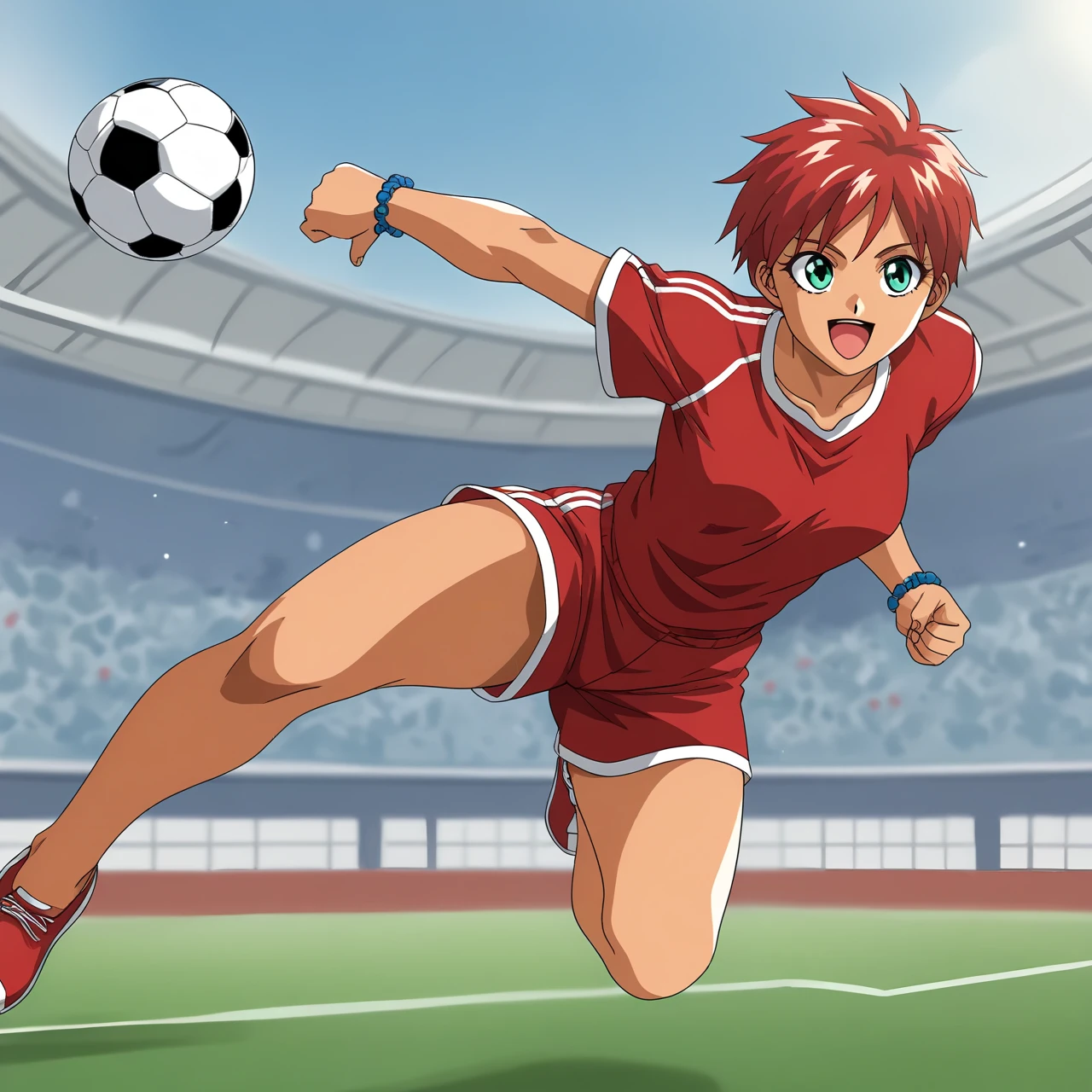 masterpiece, best quality, anime screencap, soccer field, action shot, 1girl, red hair, green eyes, thick eyebrows, smile, open mouth, high kick, arm up, leg up, soccer, soccer ball, ( soccer uniform, red shirt, red shorts, sweatdrop, sweat, kicking ), sasamoto narumi
