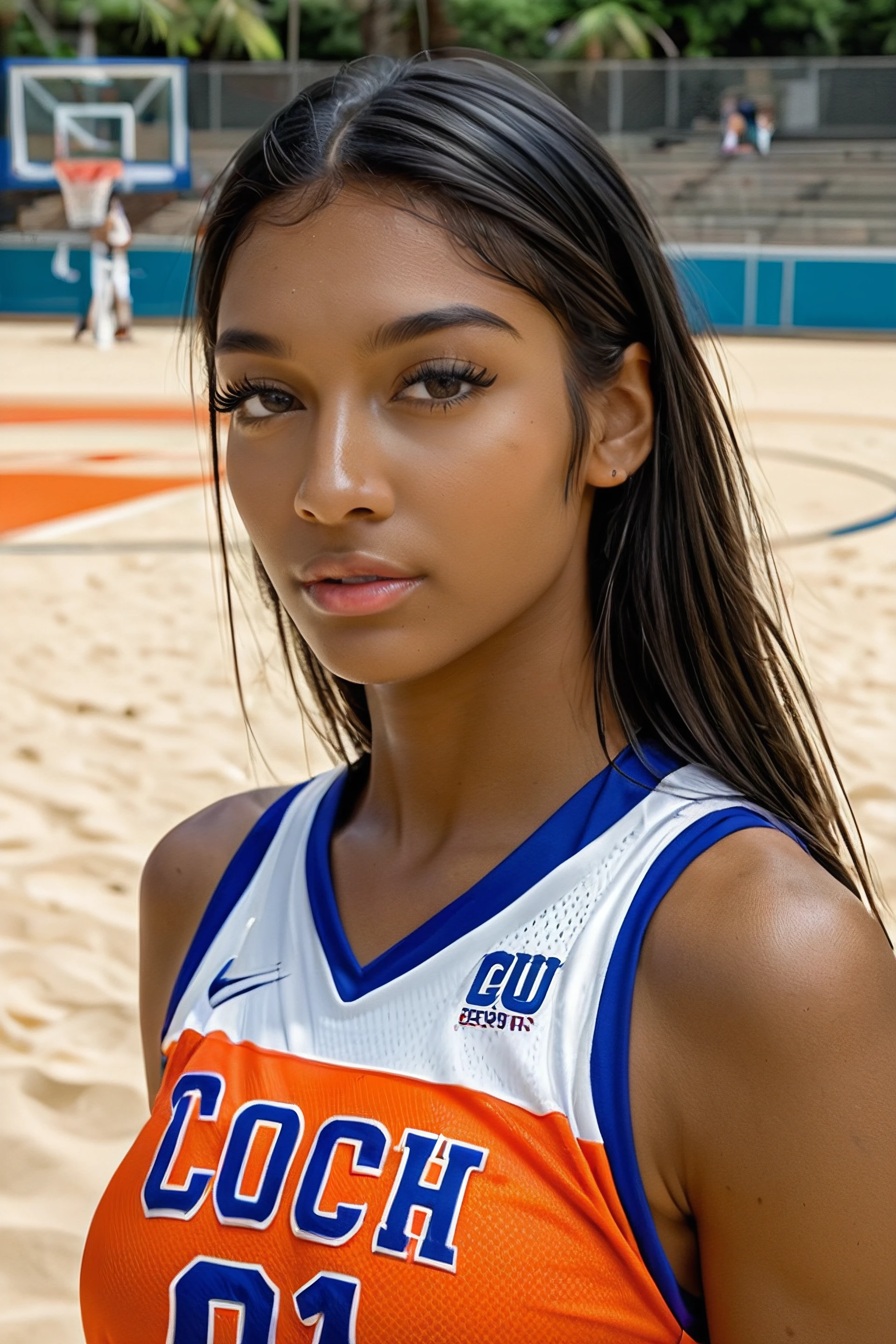 score_9, score_8_up, score_7_up, <lora:Angel_Reese_Pony:1> angelresse, black hair, dark-skinned female, female focus, sportswear 1girl, looking at viewer , sleeveless jersey, at Beach Court, sandy court with portable basketball hoops, ocean view in the background, relaxed atmosphere with players in casual attire, angel, female focus, realistic, basketball