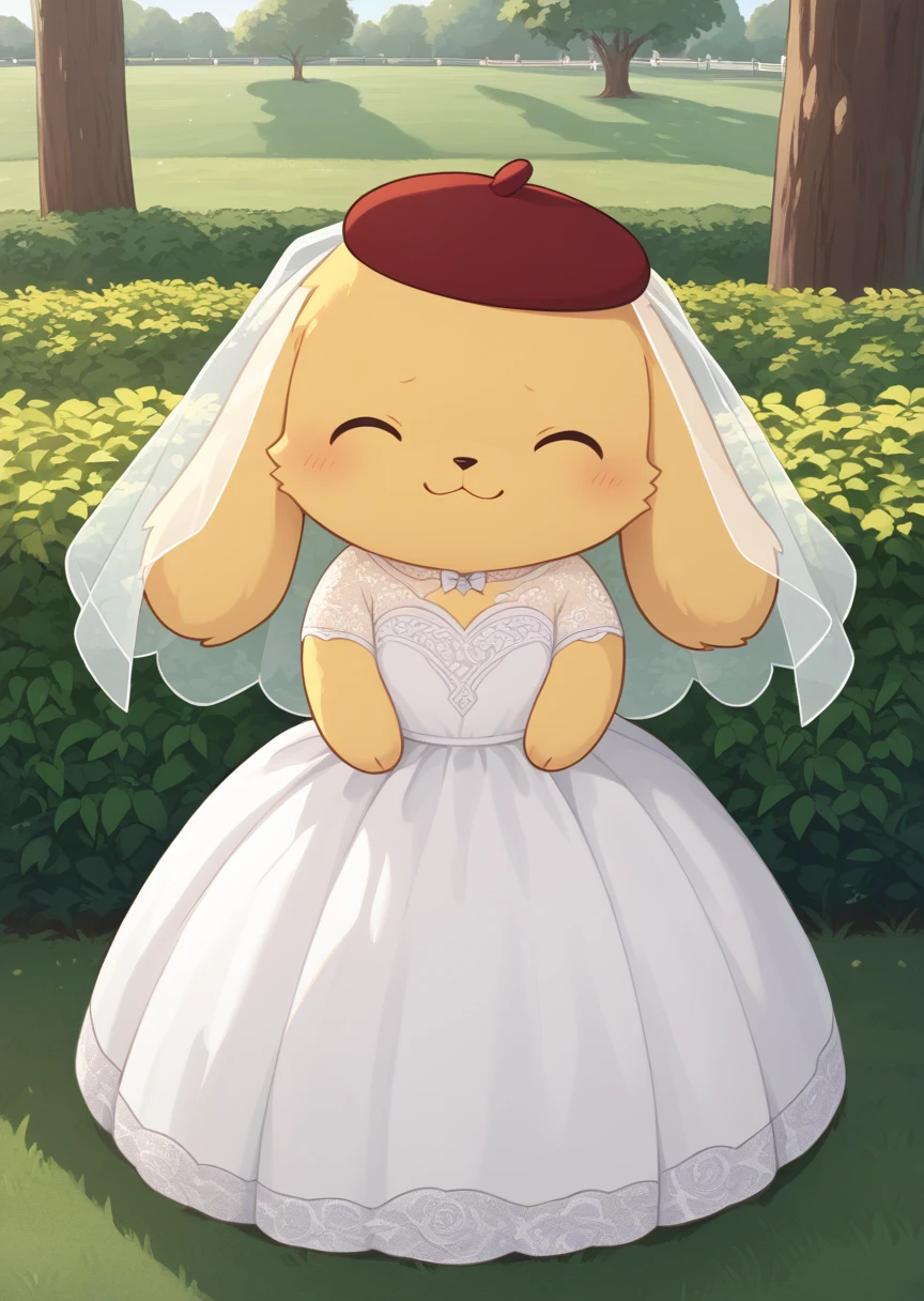 score_9, score_8_up, score_7_up, score_6_up, score_5_up, BREAK
Purin, antro, male, no humans, hat, solo, closed eyes, :3, red headwear, simple background, park, beret, standing, furry, yellow fur, wedding dress, wedding veil