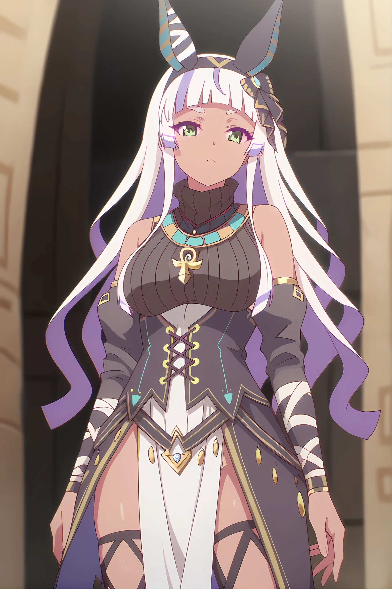 (egyptian clothes detached sleeves pelvic curtain:1.20), gg-anubis, necklace, hairband, white hair, multicolored hair, long hair, dark skin, jackal ears, green eyes, medium breasts, 1girl, solo, skinny, score_9, score_8_up, score_8, score_7_up, score_7, score_6_up, score_6, score_5_up, score_5, source_anime, horny, indoors, (standing:1.20), (:1.20), , <lora:gg-anubis-V01-000003:0.90>