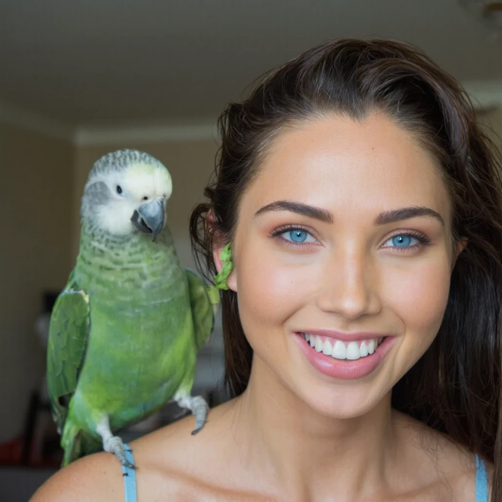 A close-up portrait of jessica_green with long, dark hair and striking blue eyes. She is smiling, revealing her teeth, and wears a light blue sleeveless top. A green parrot with white and gray feathers perches on her shoulder. The background is blurred, but it appears to be an indoor setting with a ceiling visible. The image style is candid and natural, capturing a genuine moment.