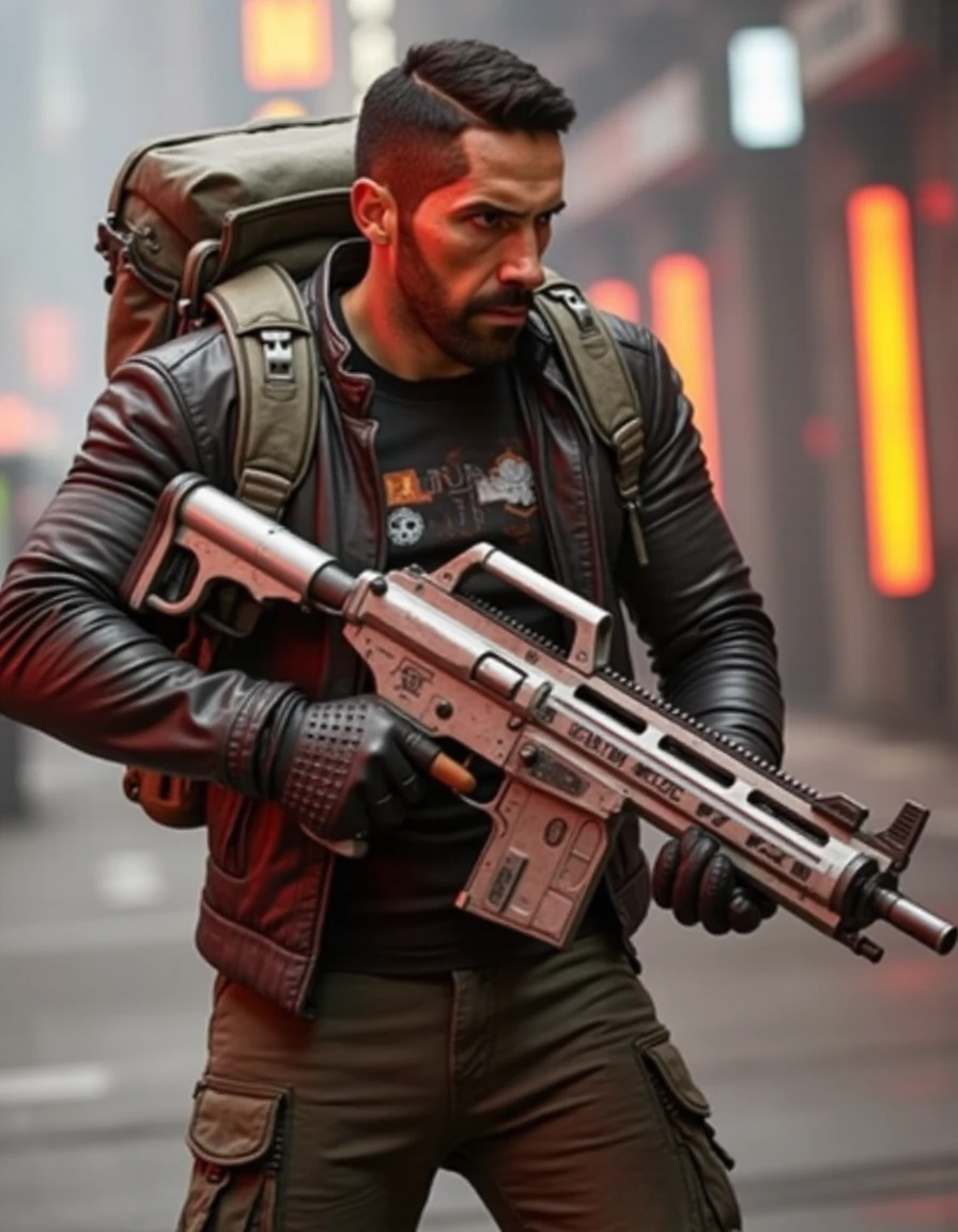 a man scottadk with cybernetic implants carrying a hi-tech futuristic gatling gun, large backpack, action shot,
visual style: lightspeedBBf1, neon, cyberpunk, high-quality photo, sci-fi, depth of field, skin pores, detailed, intricate    <lora:scott_8_16_140_COS:1.3>