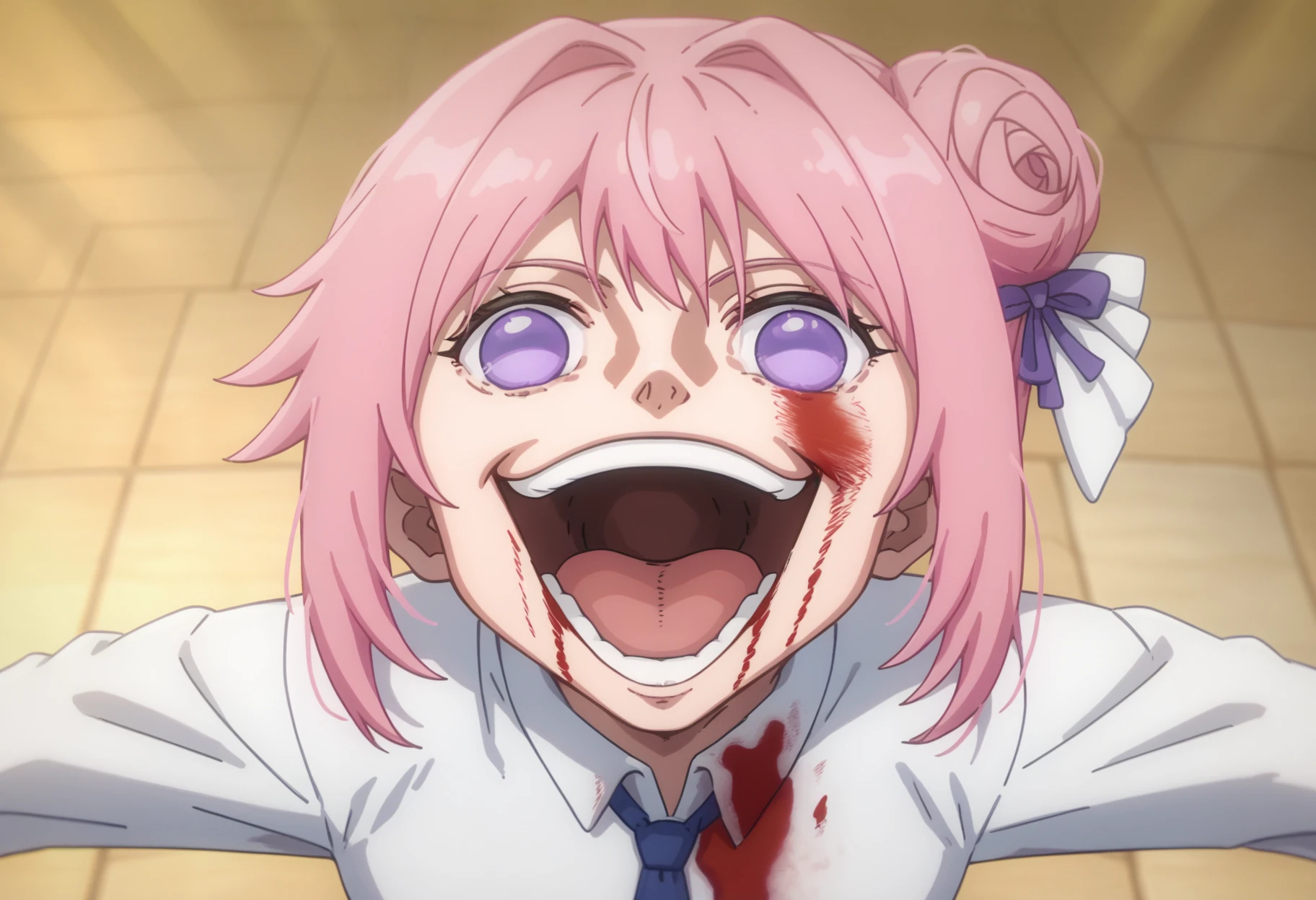 score_9, score_8_up, score_7_up, source_anime,
BREAK
 <lora:shigojoenV1:1>, gojoendef, crazy eyes, crazy smile, 
looking at viewer, smile, open mouth, upper body, teeth, tongue, blood, outstretched arms, blood on face, blood on clothes, 
<lora:Doro_X_PDXL_V1:0.8> doro, creature, :3, chibi, pink hair, purple eyes, hair bun, hair bow, no humans, white skin, four legs, solid circle eyes, no pupils