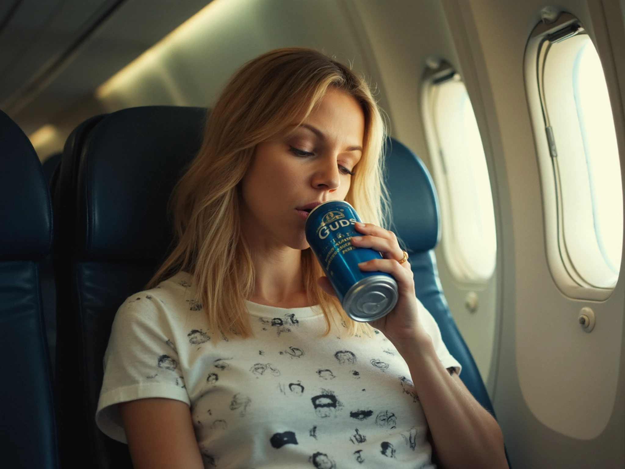  retro filter,  woman k4tl1n,film grain, kaitlin olson, she is sitting on a airplane, in a airplane cabin, she has a white tshirt on, with black tally marks all over it, she is drinking a blue can of beer
