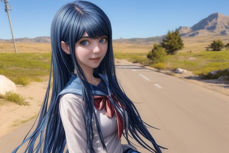 <lora:add_detail:1>, Best quality, masterpiece, ultra high res, (photorealistic:1.4), photo, photograph, solo, photo, photograph, 1girl, solo,  <lora:Sayaka_Maizono_SD15:1>, Sayaka Maizono, long blue hair, large blue eyes, Hope's Peak Academy Uniform, white sailor fuku, blue socks, white top, blue skirt, long sleeves   ,   eastern roman, alleyway, coastal desert,  dusk,  a cursed object brings death to its owner, forestscapes, sunshine, amused, robot dancing