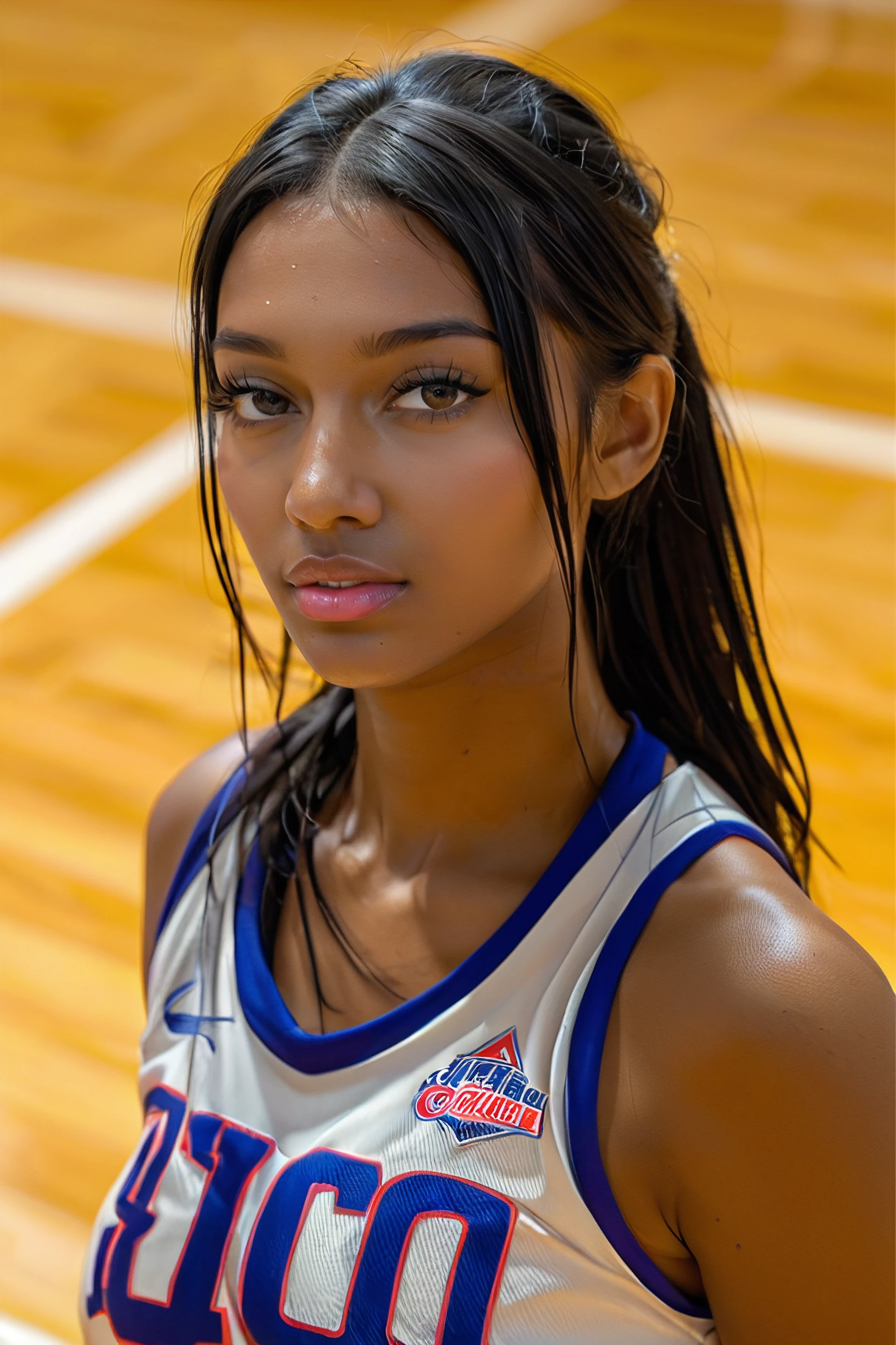 score_9, score_8_up, score_7_up, <lora:Angel_Reese_Pony:.9> angelresse, black hair, dark-skinned female, female focus, sportswear 1girl, looking at viewer , tank top, at Indoor Court, polished wooden floor, professional-grade basketball hoops, bright overhead lighting, team logos painted on the floor, bleachers for spectators, angel, female focus, realistic, basketball