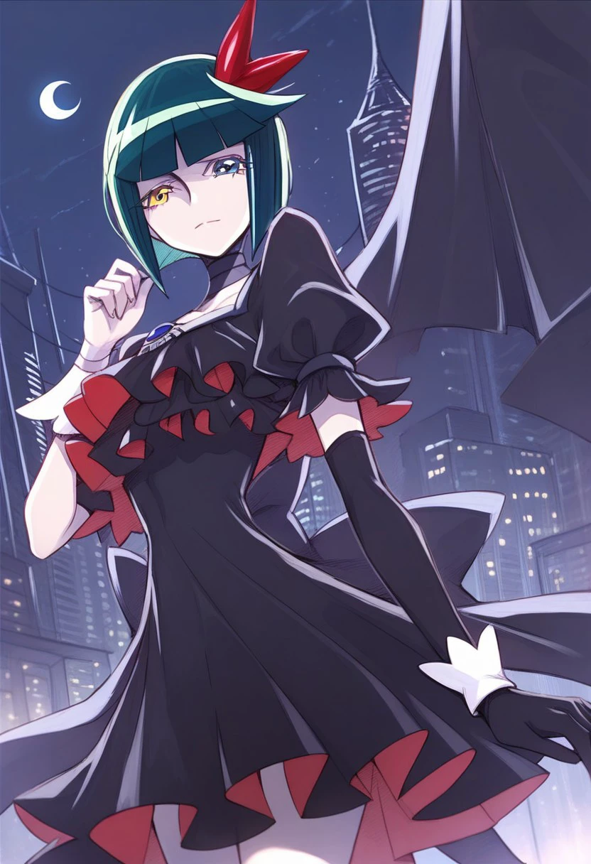 score_9, score_8_up, score_7_up, at room. Indoor,1 female,street view, city view , at night, moonlight,1 female,night view, moonlight,darkprecure, head accessory, green hair, short hair, odd-eyes, right hand black long gloves, single wing, black dress,white wrist band on left hand