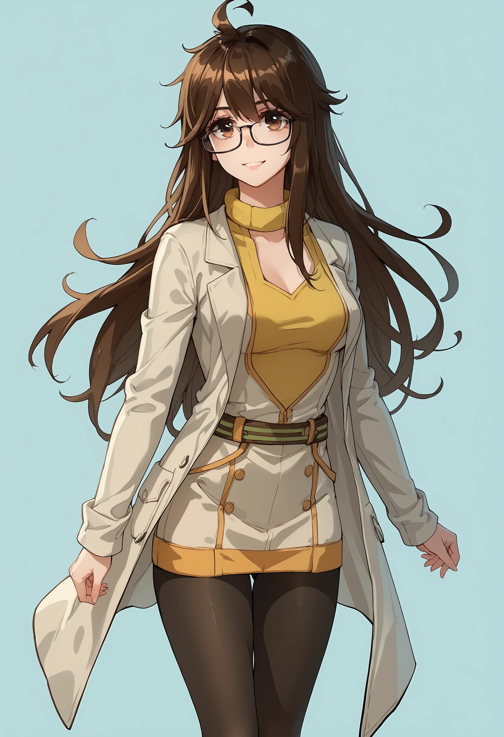 score_9, score_8_up, score_7_up, score_6_up, score_5_up, score_4_up, 1girl, <lora:JuZiSL2:0.85>  solo, brown hair, bangs, long hair, brown eyes, breasts, glasses, black-framed eyewear, labcoat, sweater, black tights, tights, ahoge, smile, full body, standing, 
simple background, blue background, light blue background, simple background,