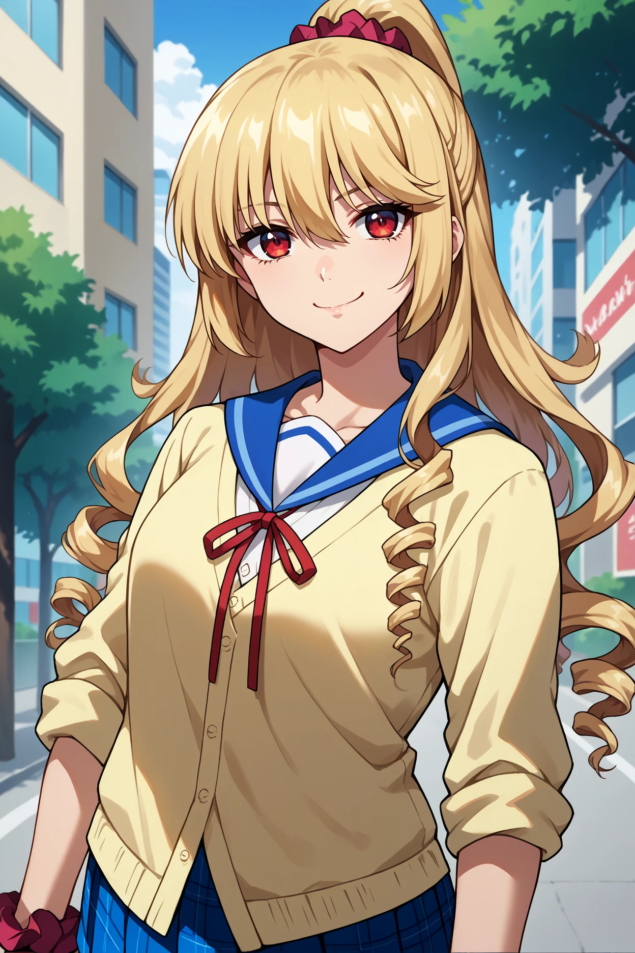 score_9, score_8_up, score_7_up, score_6_up, source_anime, 1girl, solo, <lora:aibaasagi-pdxl-nvwls-v1-000005:1> aibastb, blonde hair, long hair, drill hair, high ponytail, red eyes, hair scrunchie, yellow cardigan, blue sailor collar, red ribbon, neck ribbon, sleeves rolled up, blue skirt, pleated skirt, plaid skirt, wrist scrunchie, looking at you, breasts, smug, smile, upper body, city, trees, thighs, standing