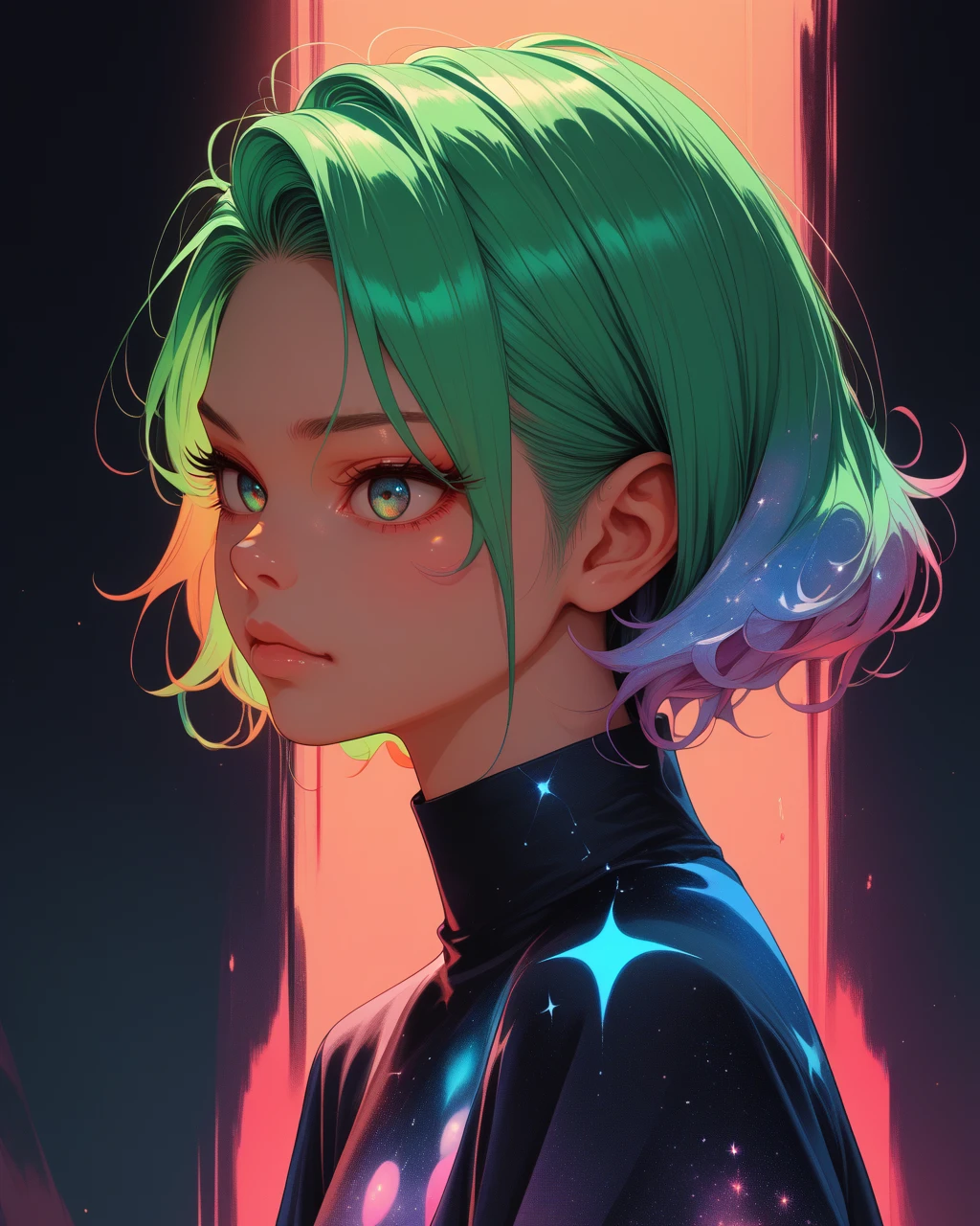 (score_9,score_8_up,score_7_up,score_6_up), 1girl, acid-colored hair, <lora:neoninijicolorsteell_v2:0.8> color contrast, niji style, niji, sharp lighting, neon color palette, high contrast, surrealistic glow, vector art influence, anime-influenced art style, sleek, focus on geometry, sharp lighting, stylized expression, digital painting, cosmic color:steell