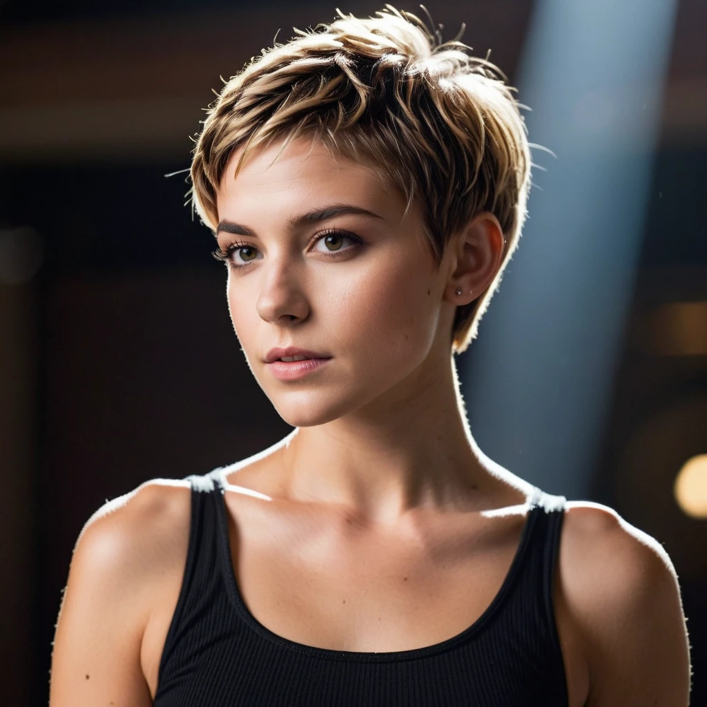 a realistic photo of a young woman standing with short layered pixie hairstyle and wearing a crop top, shot in epic cinematic lighting, <lora:Short_Layered_Pixie_Harstyle:0.6>